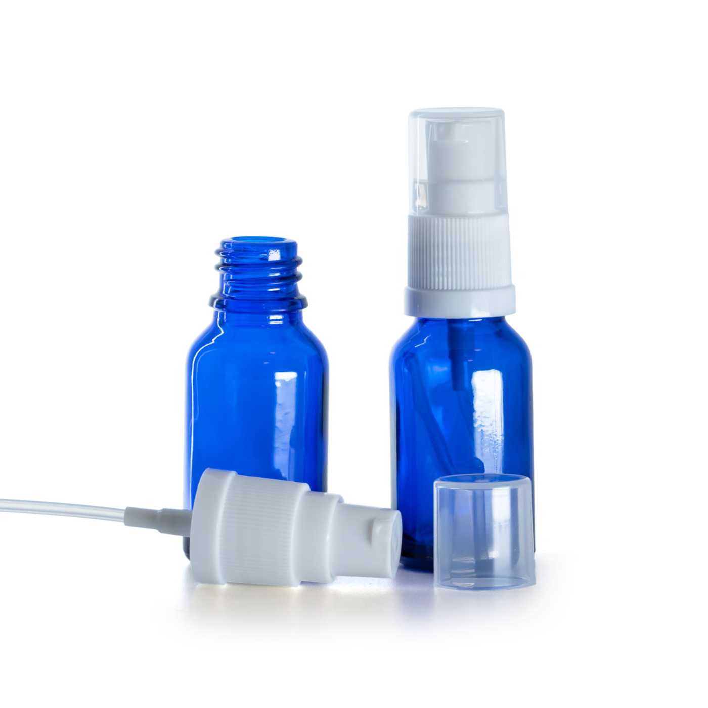 Butelka szklana apteczna, niebieska, biały dozownik, 15 ml