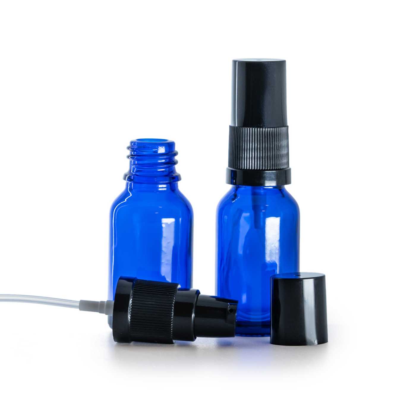 Flacon en verre bleu avec pompe crème noire et capuchon noir, 15 ml