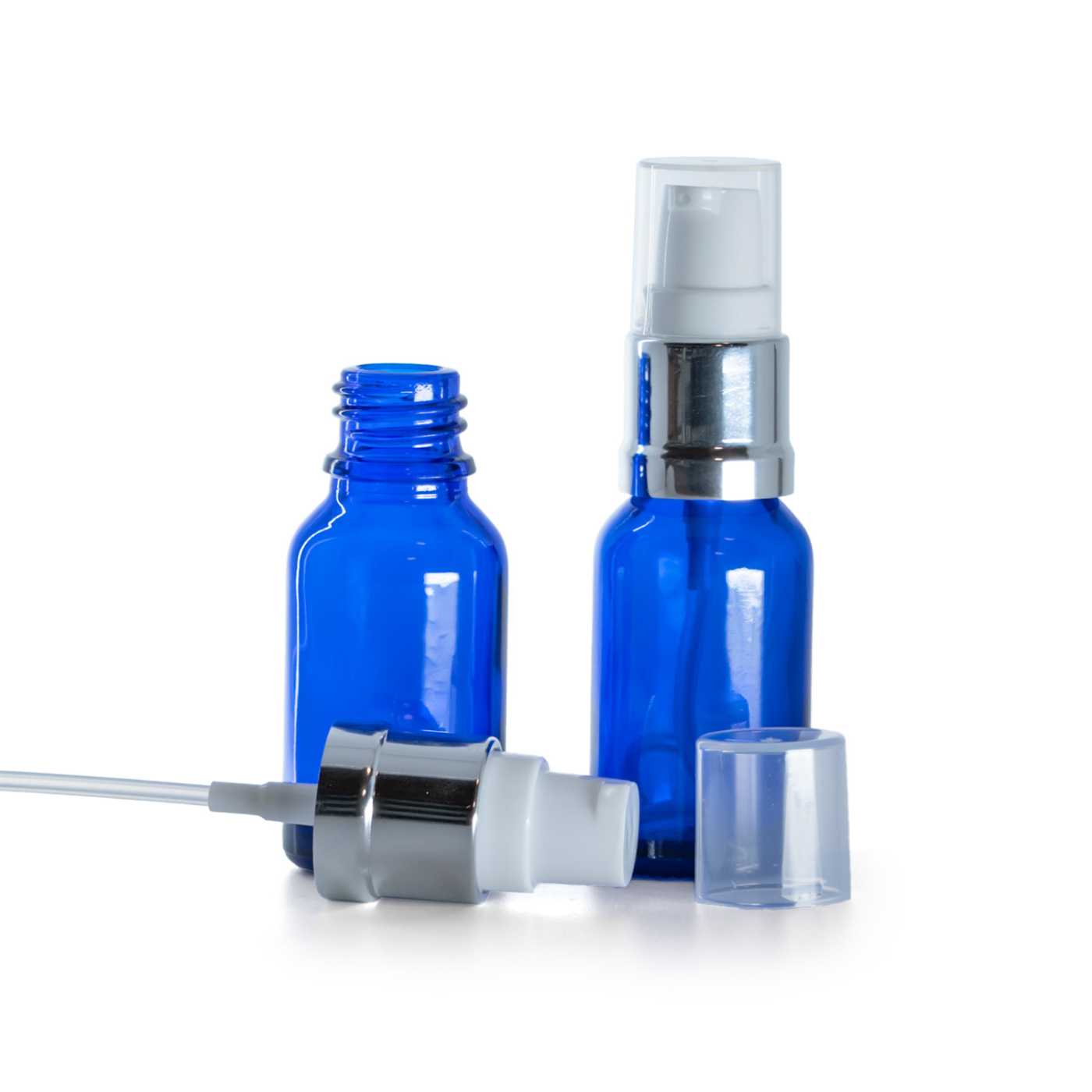 Flacon en verre bleu avec pompe blanche argentée brillante, 15 ml