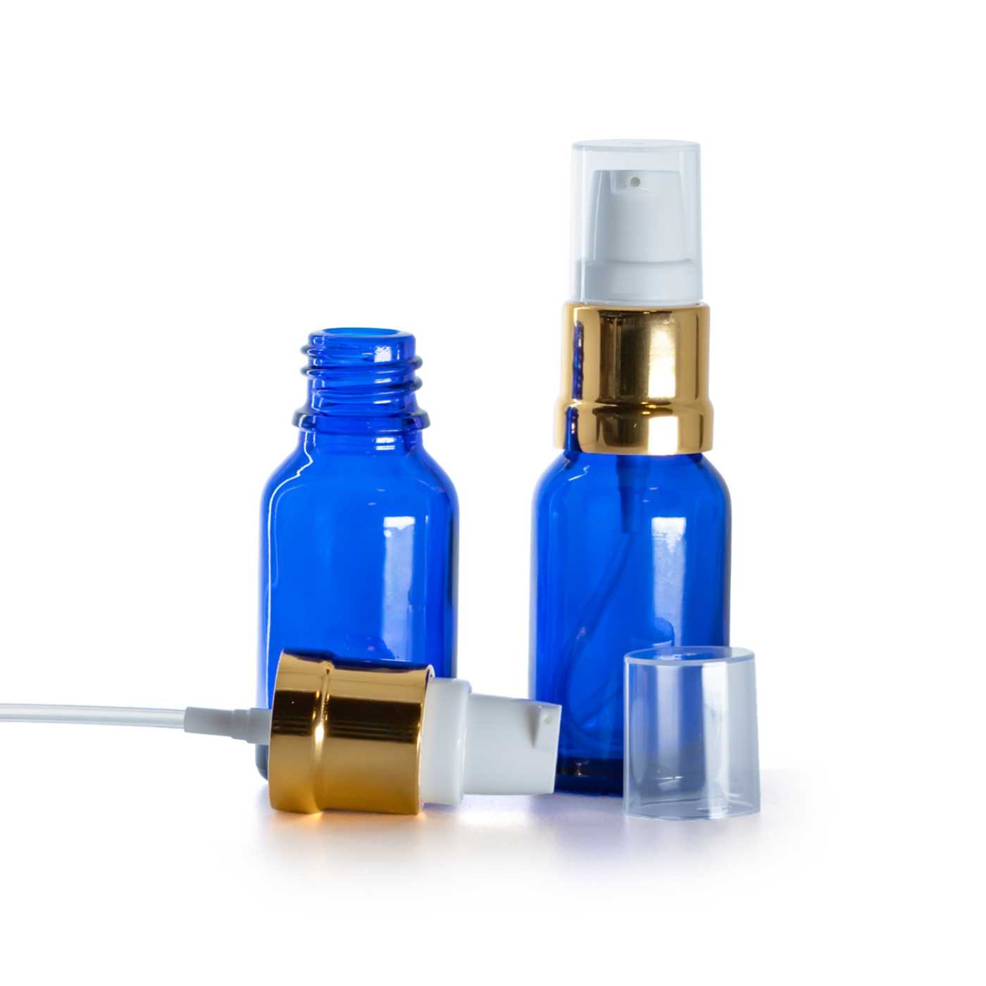 Flacon en verre bleu avec pompe brillante blanc doré, 15 ml