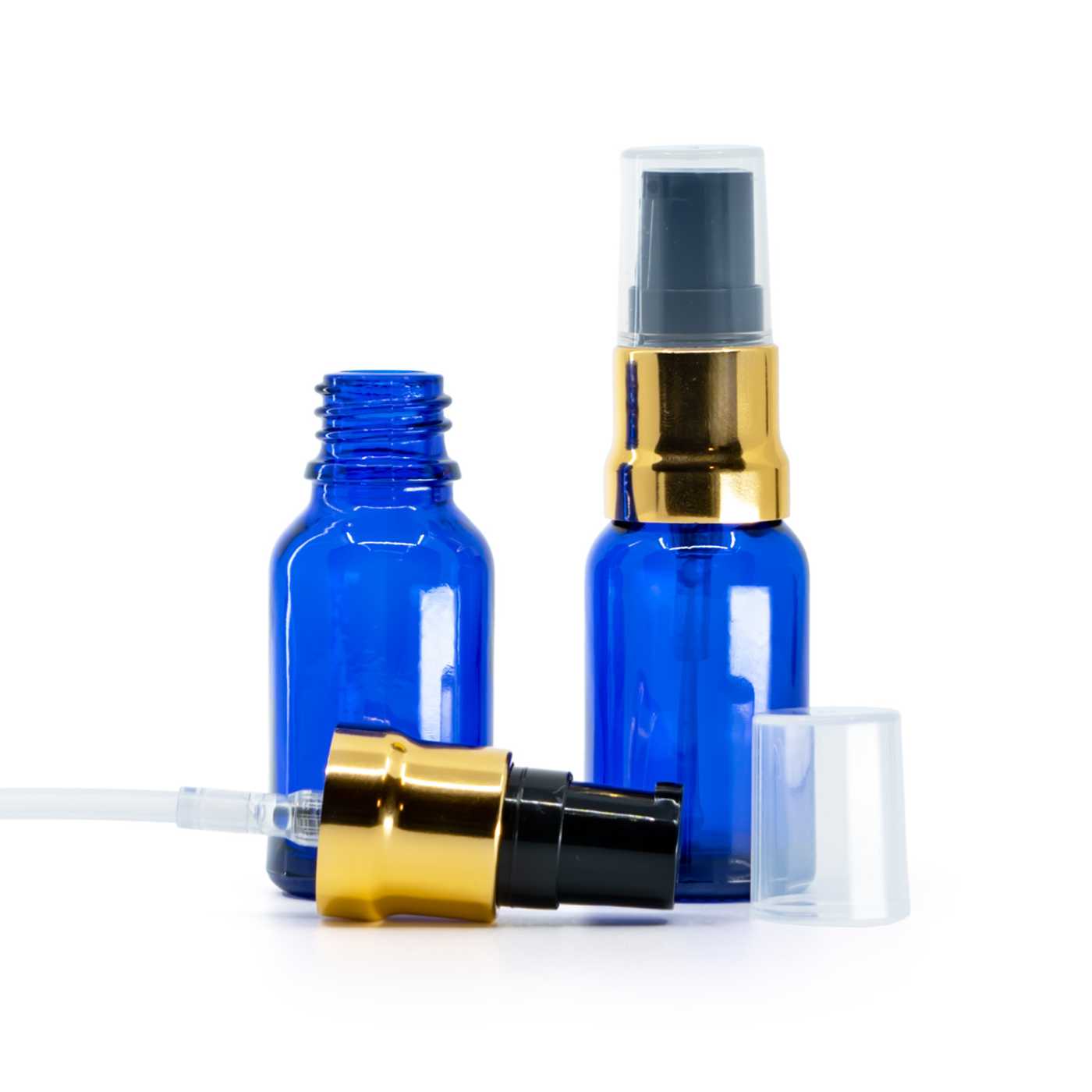 Flacon en verre bleu avec pompe noir et or brillante et capot transparent 15 ml