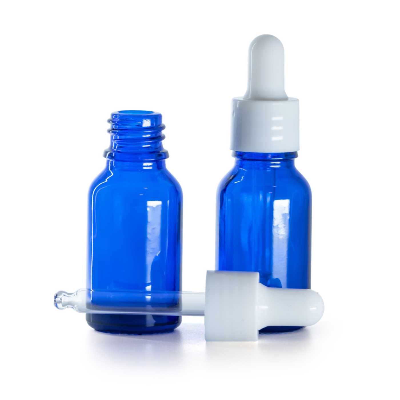 Flacon en verre bleu avec pipette blanche brillante, 15 ml
