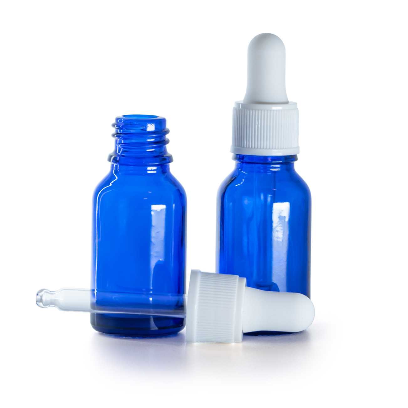 Flacon en verre bleu avec compte-gouttes blanc mat 15 ml