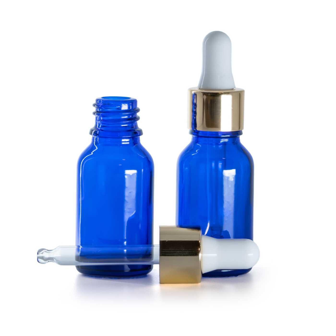 Flacon en verre bleu avec compte-gouttes blanc et or, 15 ml