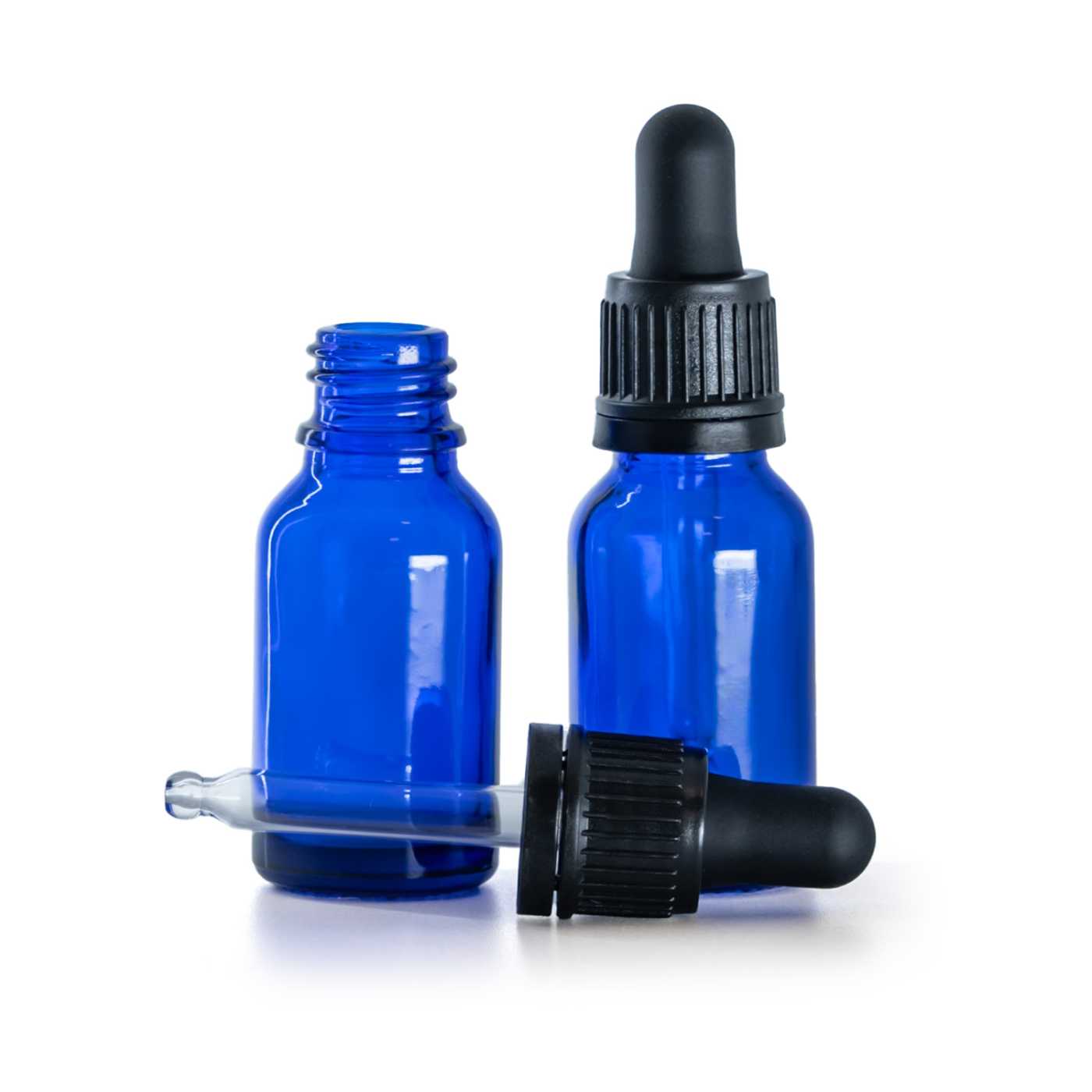 Flacon en verre bleu, compte-gouttes inviolable noir, 15 ml