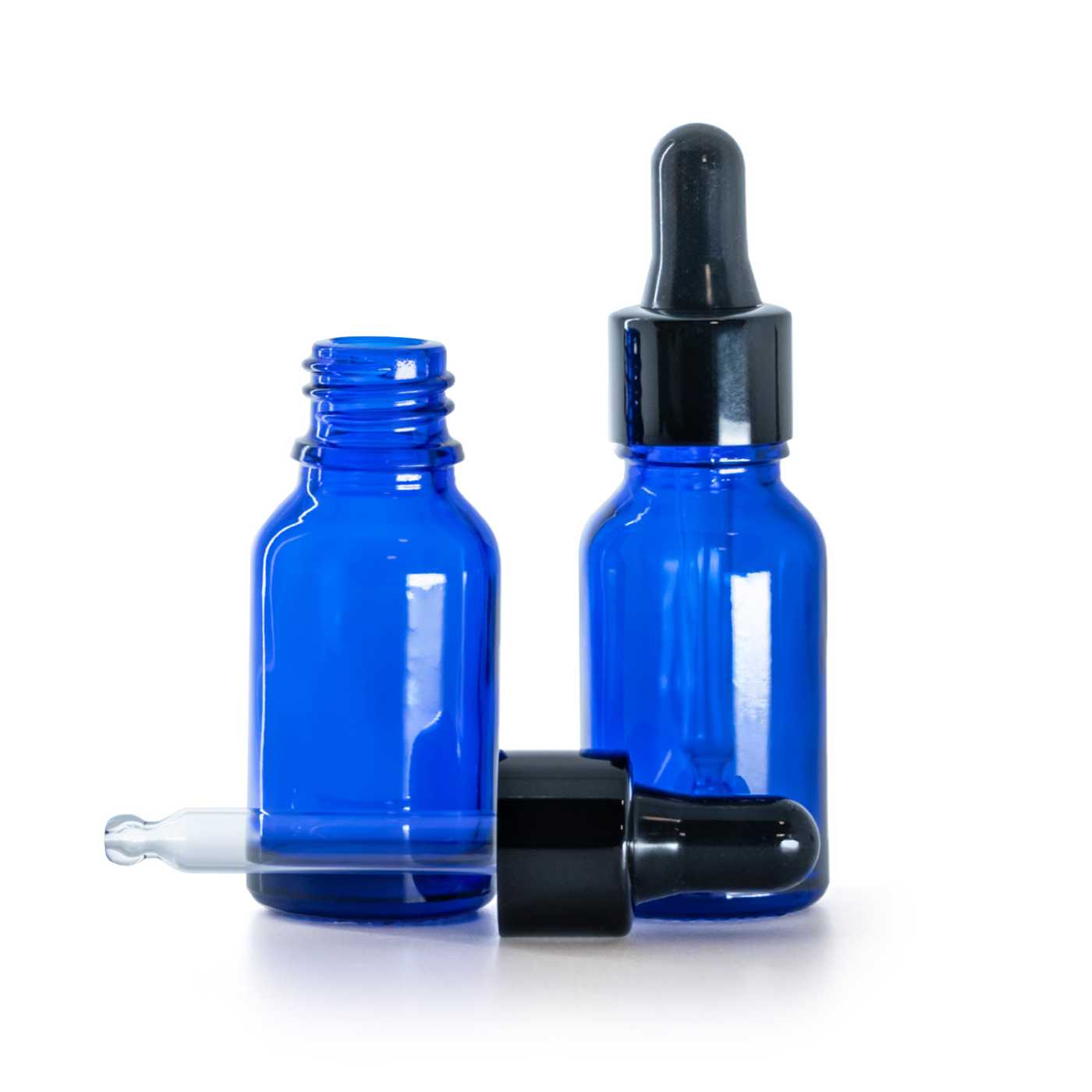 Flacon en verre bleu avec pipette noire brillante, 15 ml