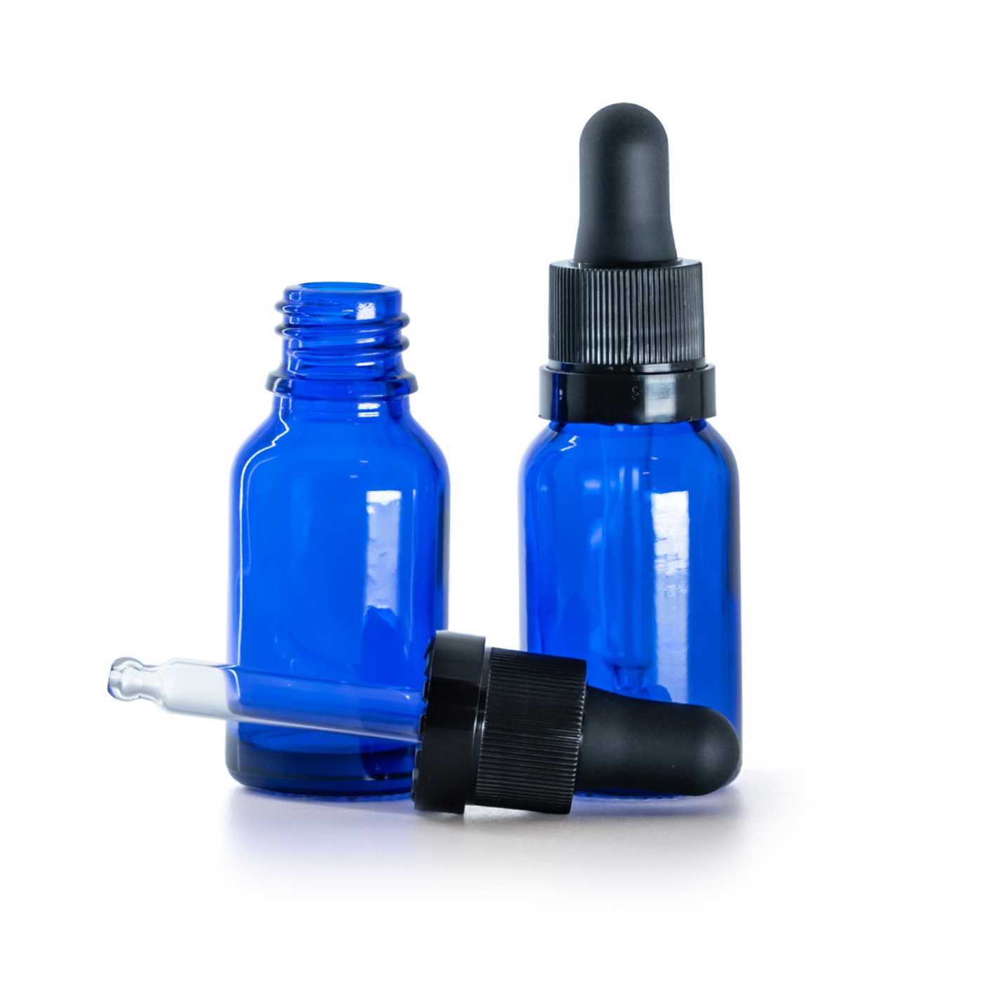 Flacon en verre bleu avec compte-gouttes noir brillant à bande, 15 ml