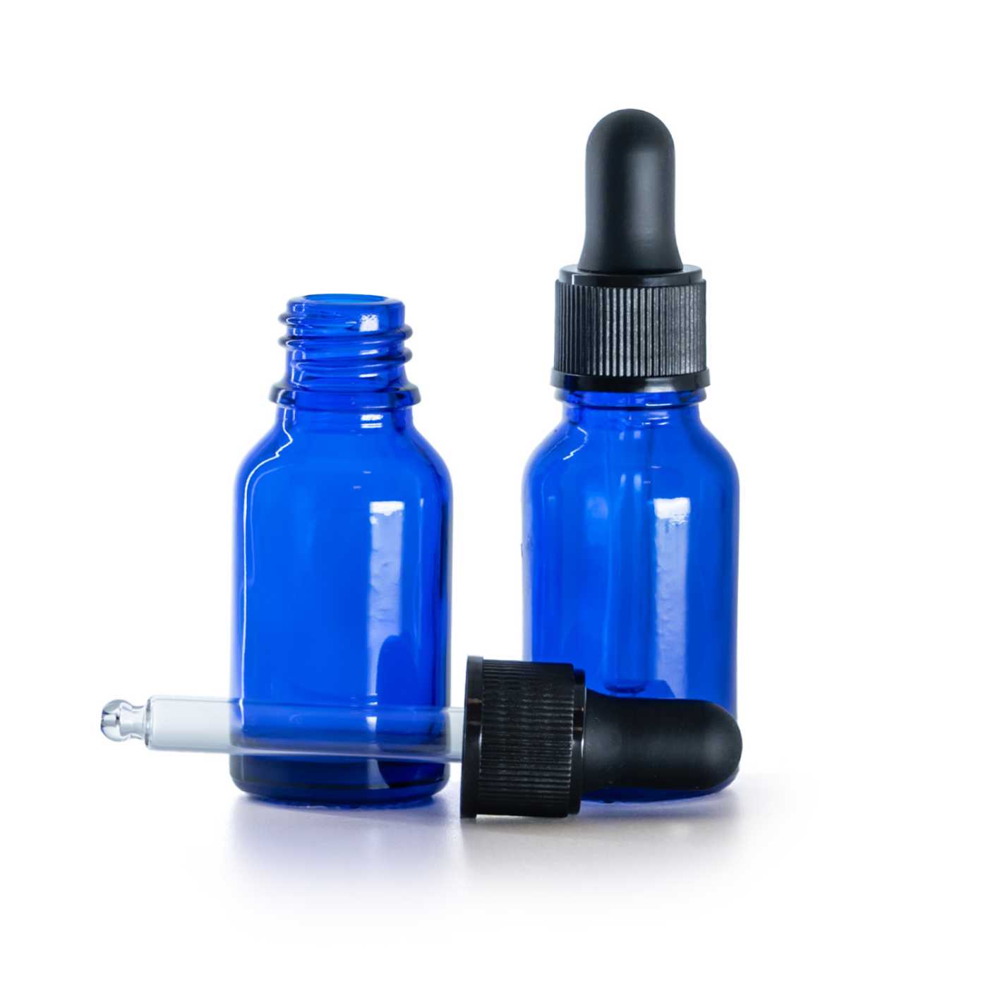 Flacon en verre bleu, compte-gouttes noir mat, 15 ml