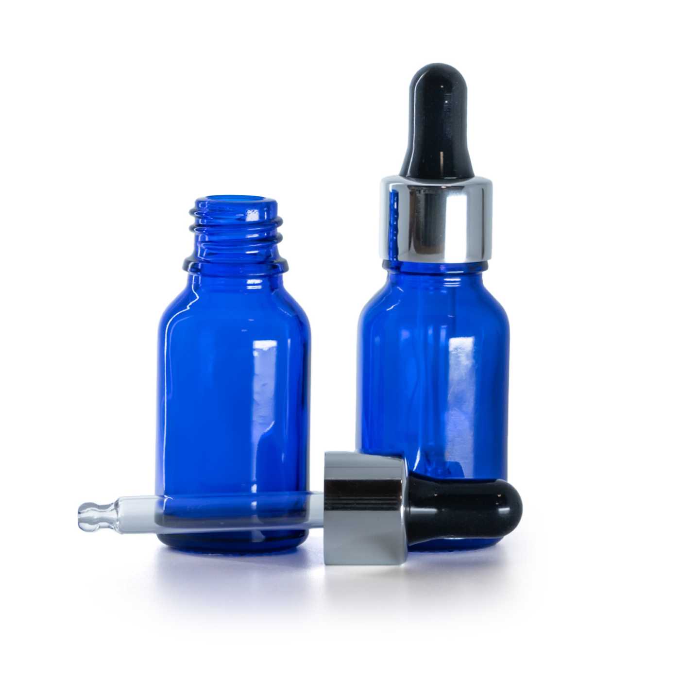 Flacon en verre bleu avec compte-gouttes noir et argent, 15 ml