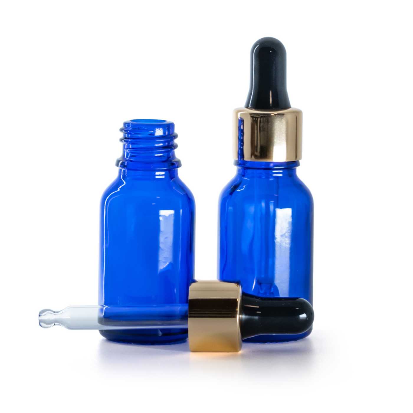 Flacon en verre bleu avec pipette noir et or 15 ml