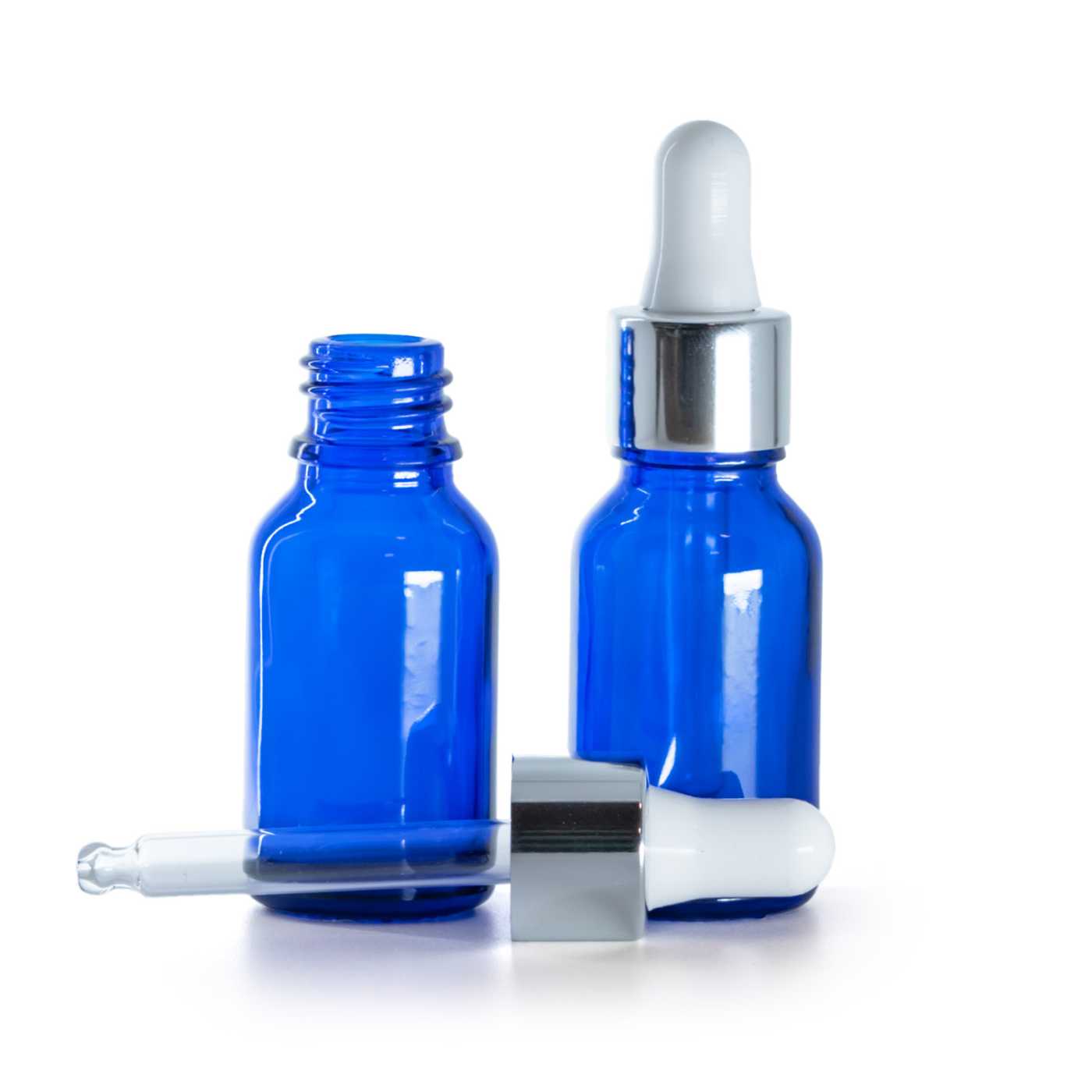 Flacon en verre bleu avec pipette argentée brillante, 15 ml