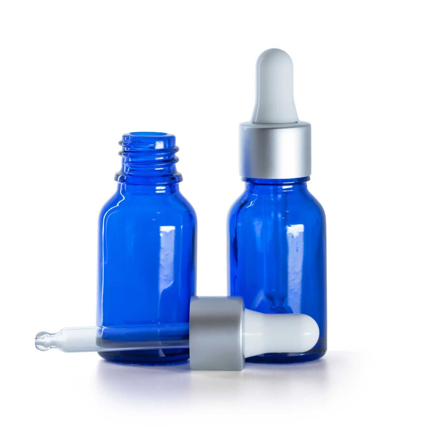 Flacon en verre bleu avec compte-gouttes argent mat 15 ml