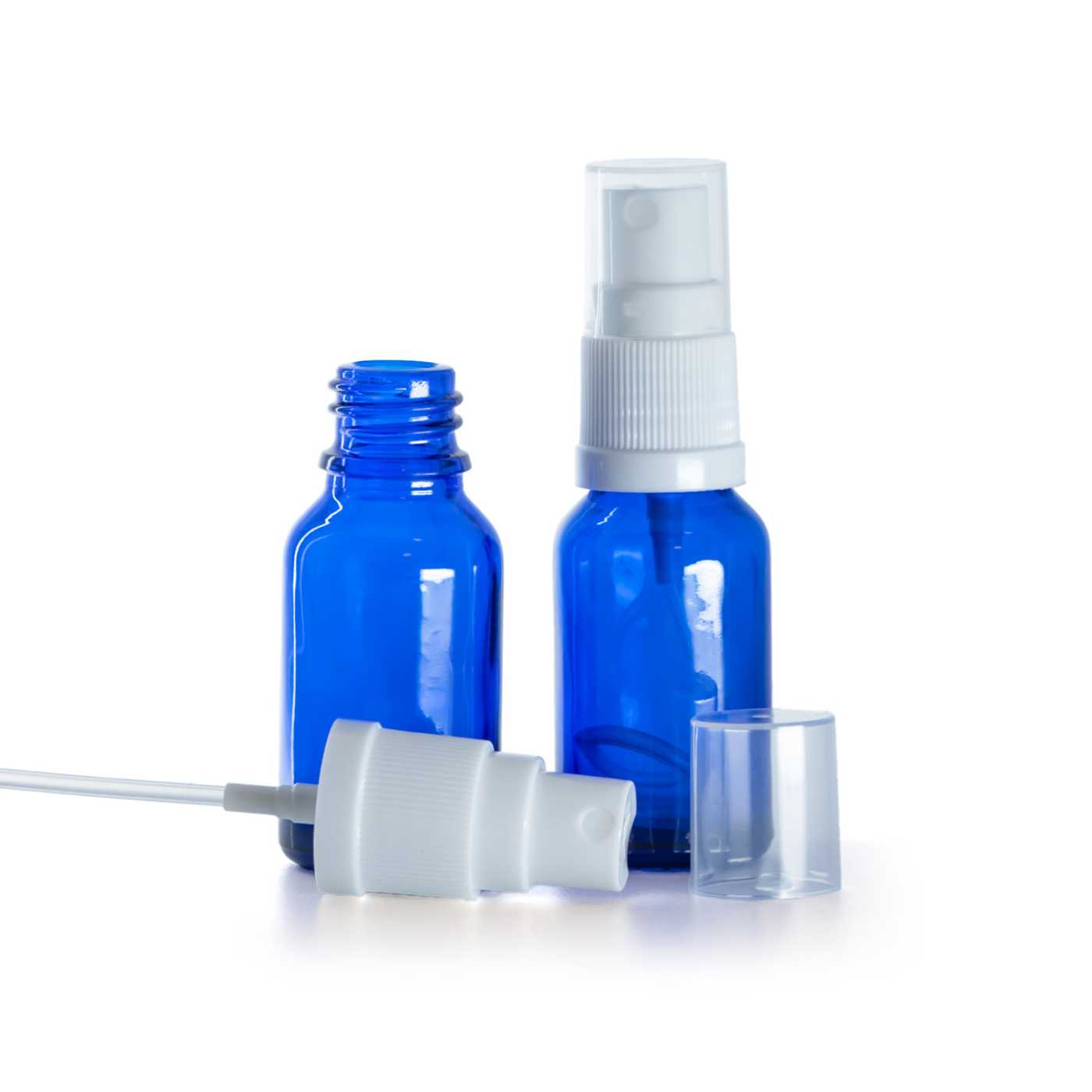 Flacon en verre bleu avec pompe spray blanche 15 ml