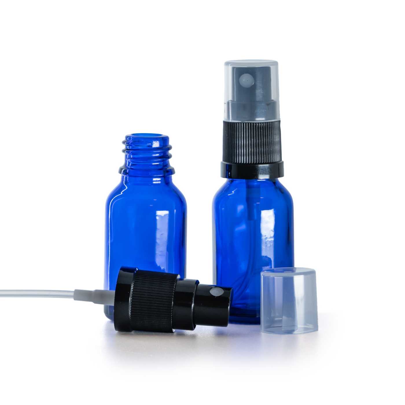 Flacon en verre bleu avec pulvérisateur noir 15 ml