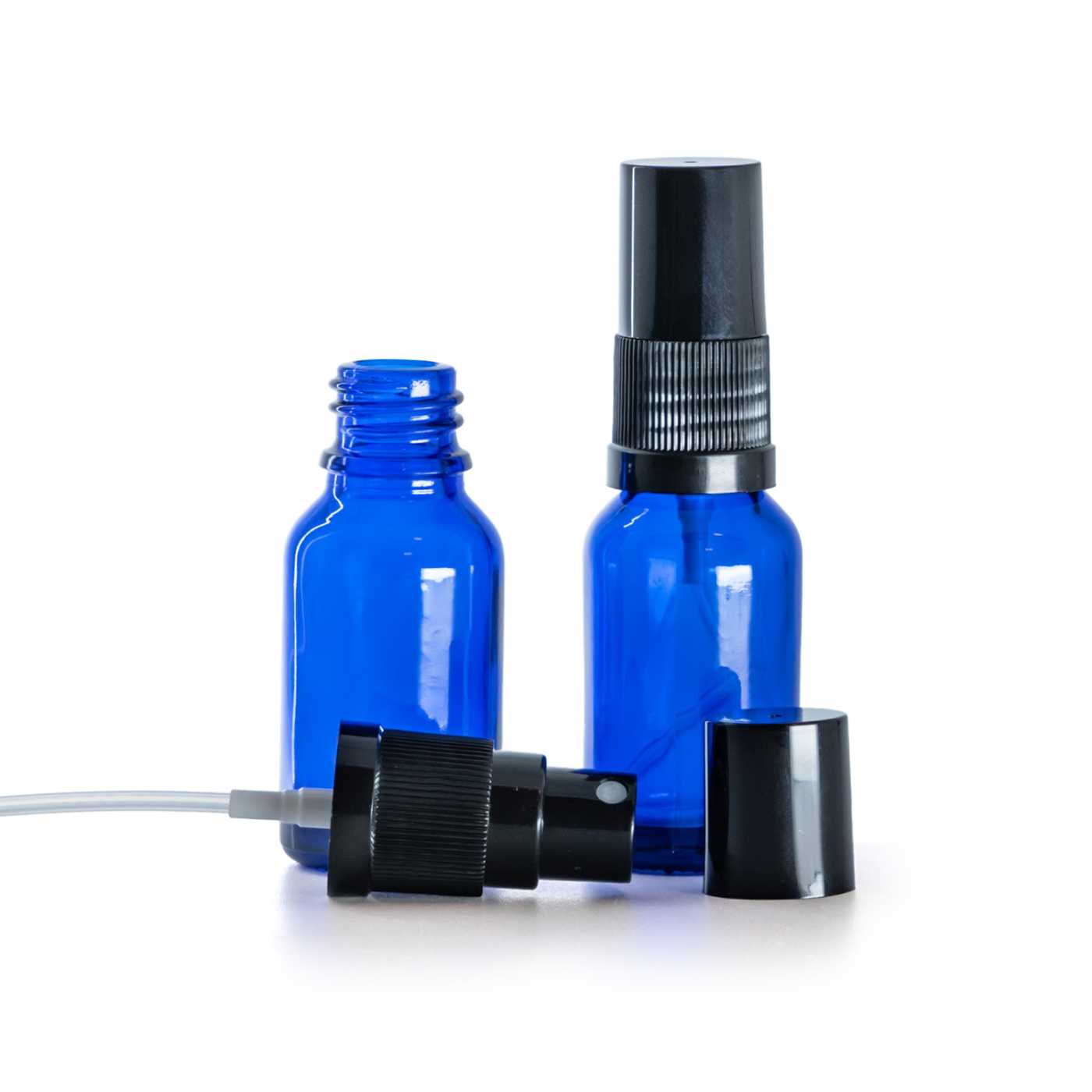 Butelka szklana, niebieska, czarny atomizer, czarna nakładka, 15 ml
