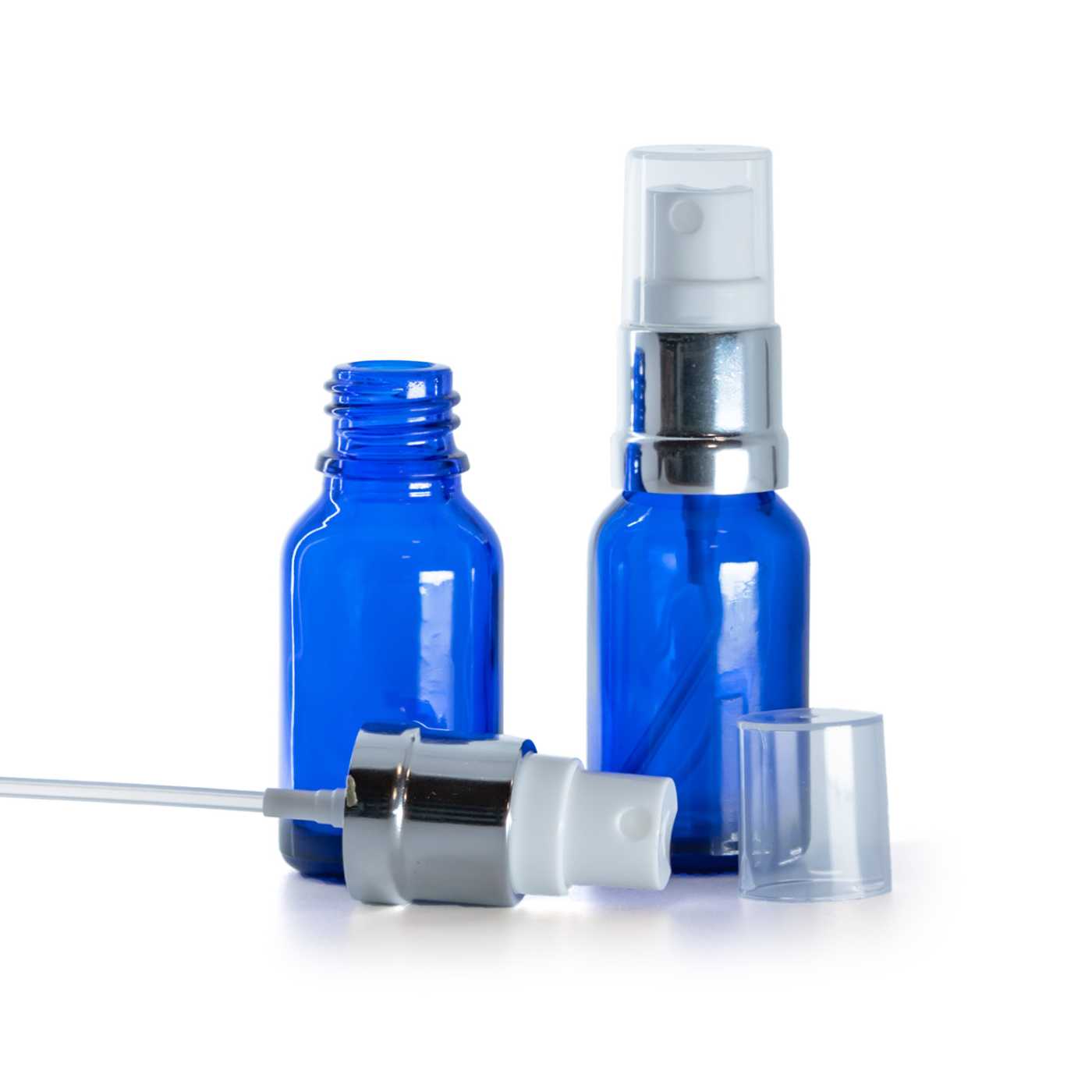 Butelka szklana, niebieska, biało-srebrny atomizer, 15 ml