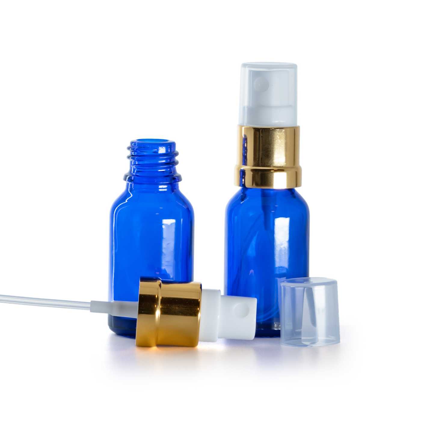 Flacon en verre bleu avec pompe spray blanc et or, 15 ml