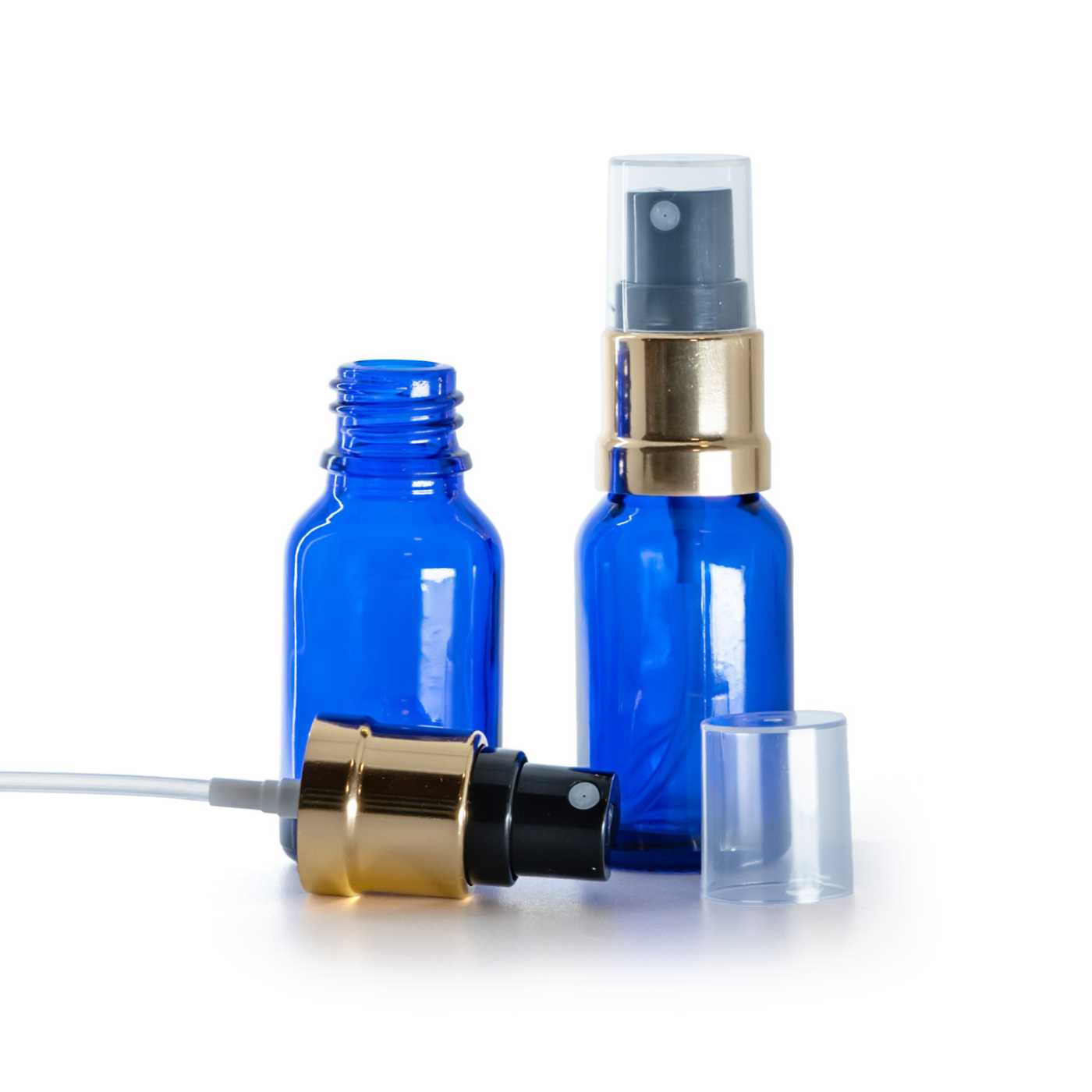 Flacon en verre bleu avec pompe spray noir et or 15 ml