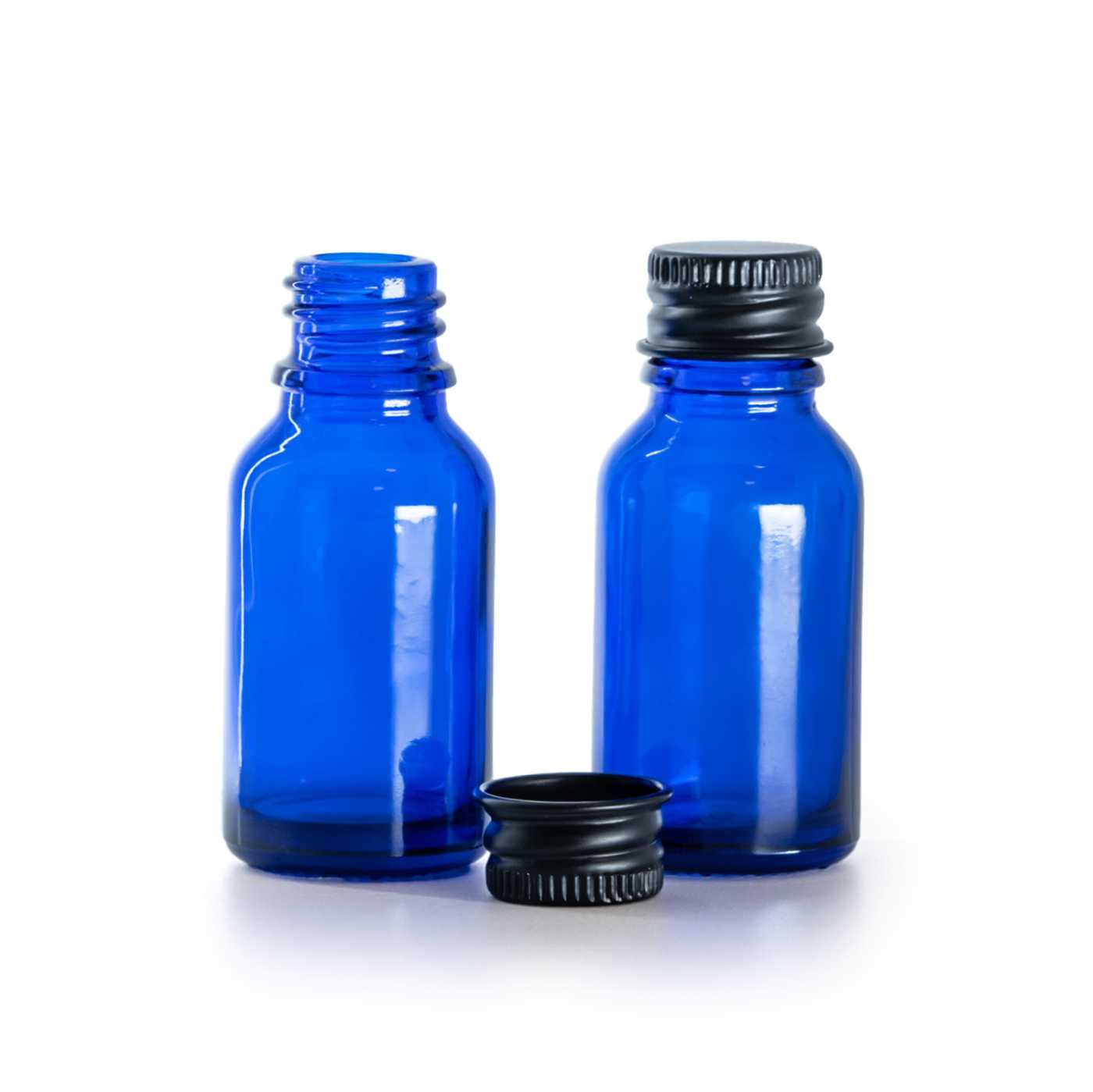 Flacon en verre bleu, capsule en aluminium noir, 15 ml