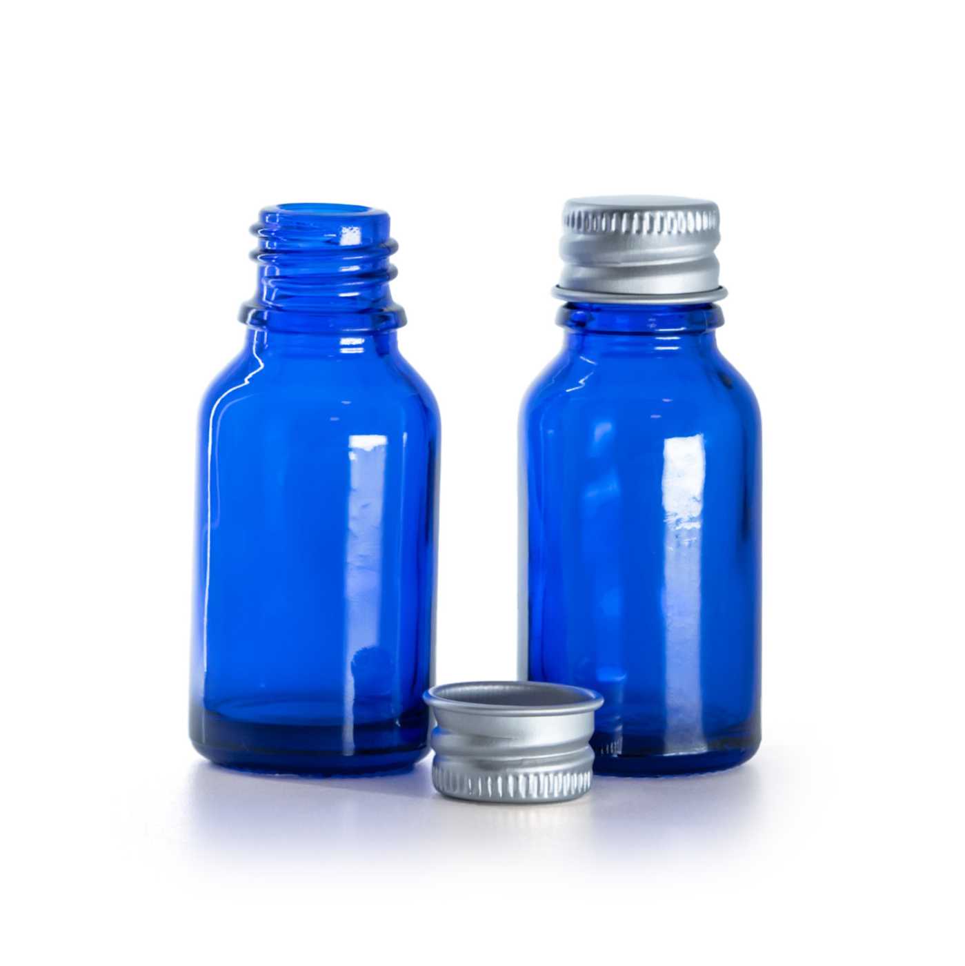Flacon en verre bleu, bouchon en aluminium, 15 ml