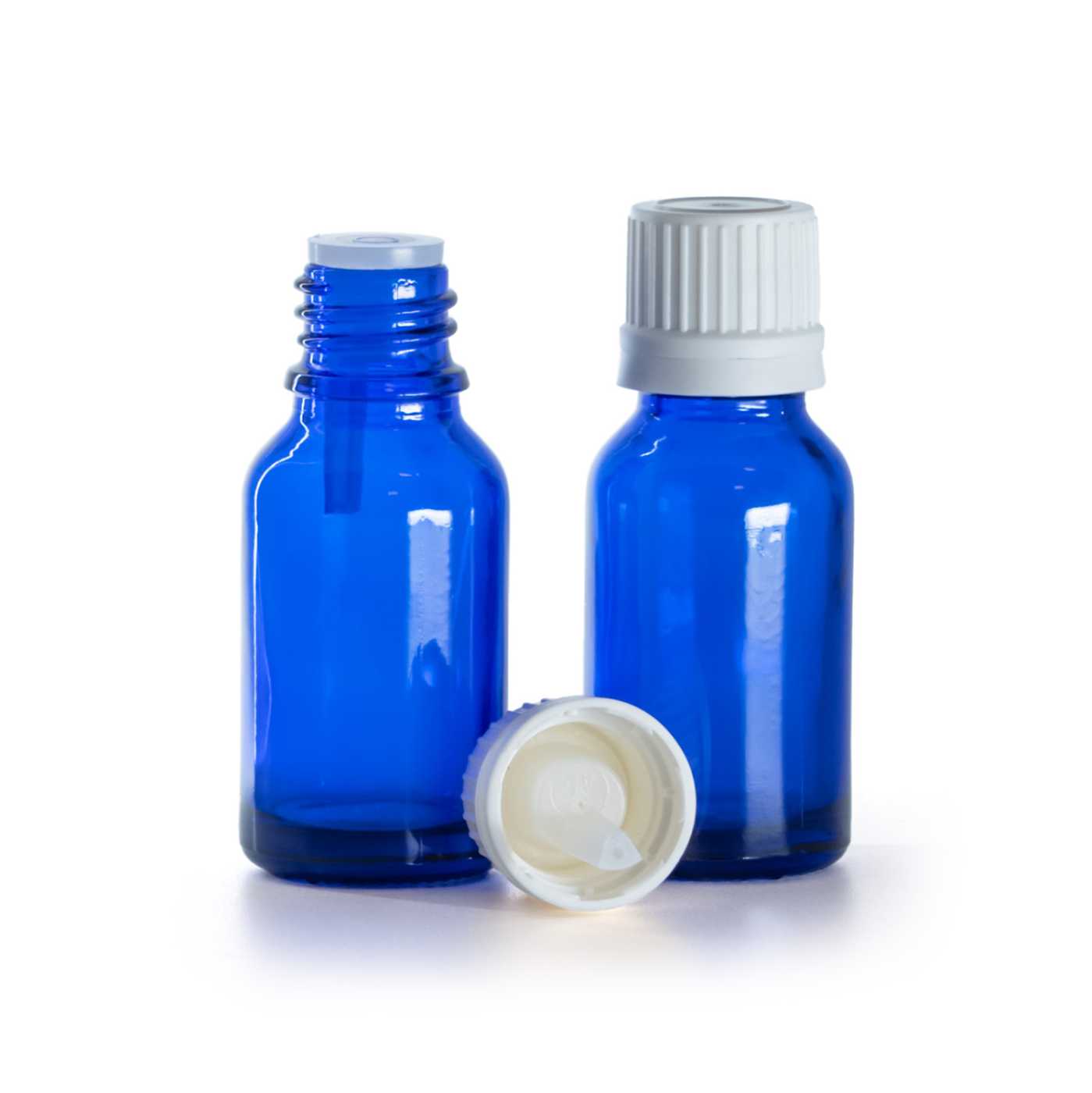 Flacon en verre bleu, bouchon blanc avec compte-gouttes intégré, 15 ml