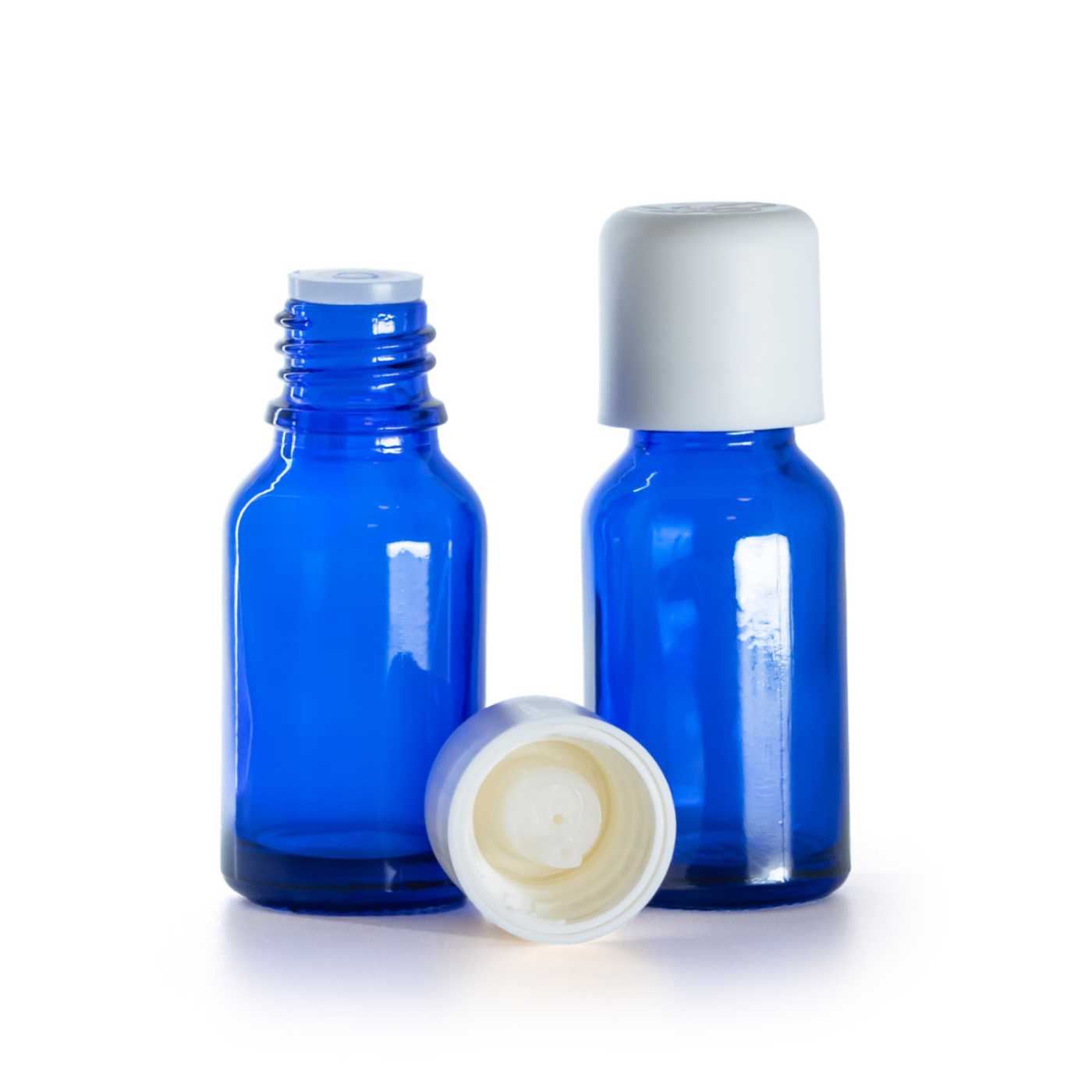 Flacon en verre bleu avec bouchon de sécurité blanc et compte‑gouttes 15 ml