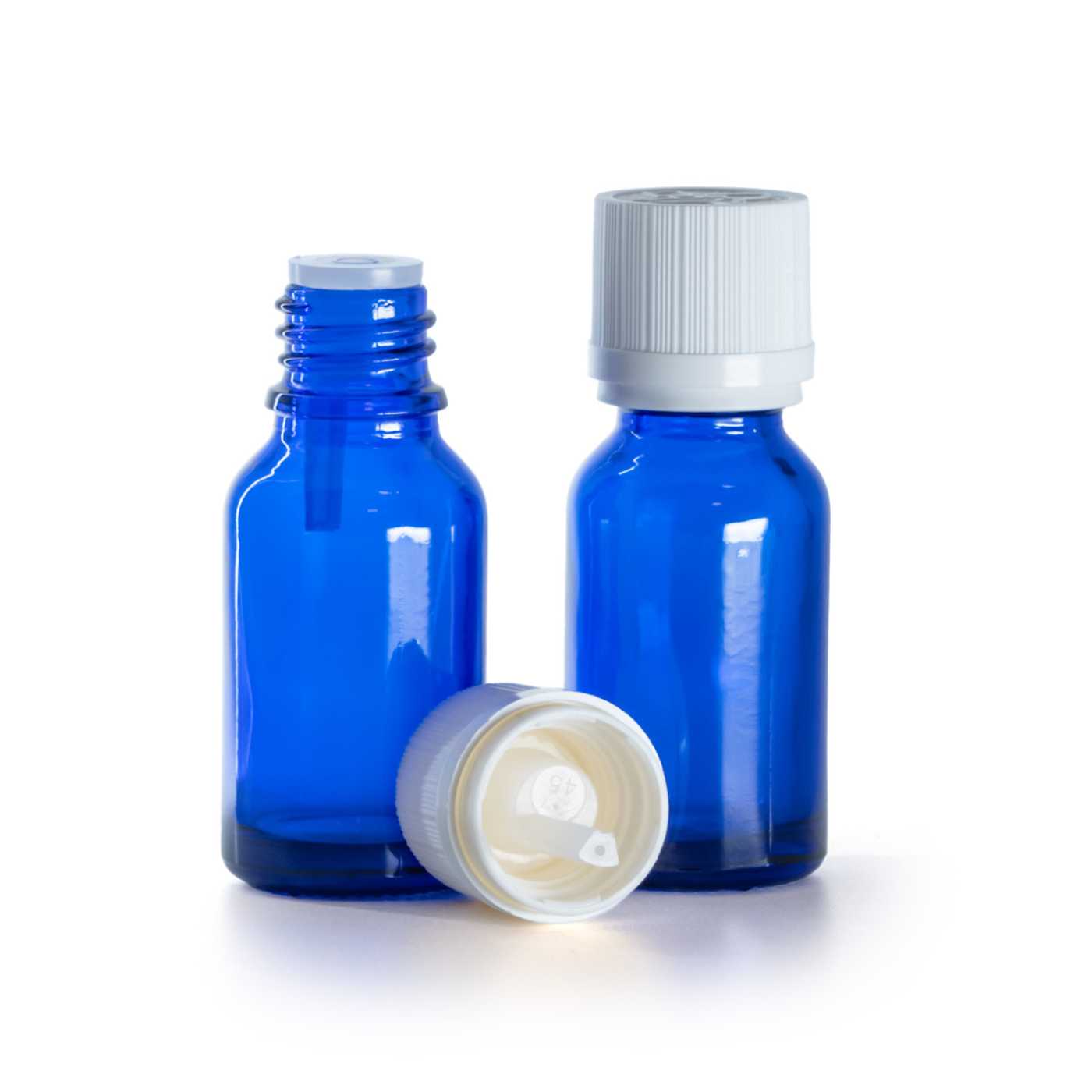 Flacon en verre bleu, bouchon sécurité inviolable blanc avec compte-gouttes, 15 ml