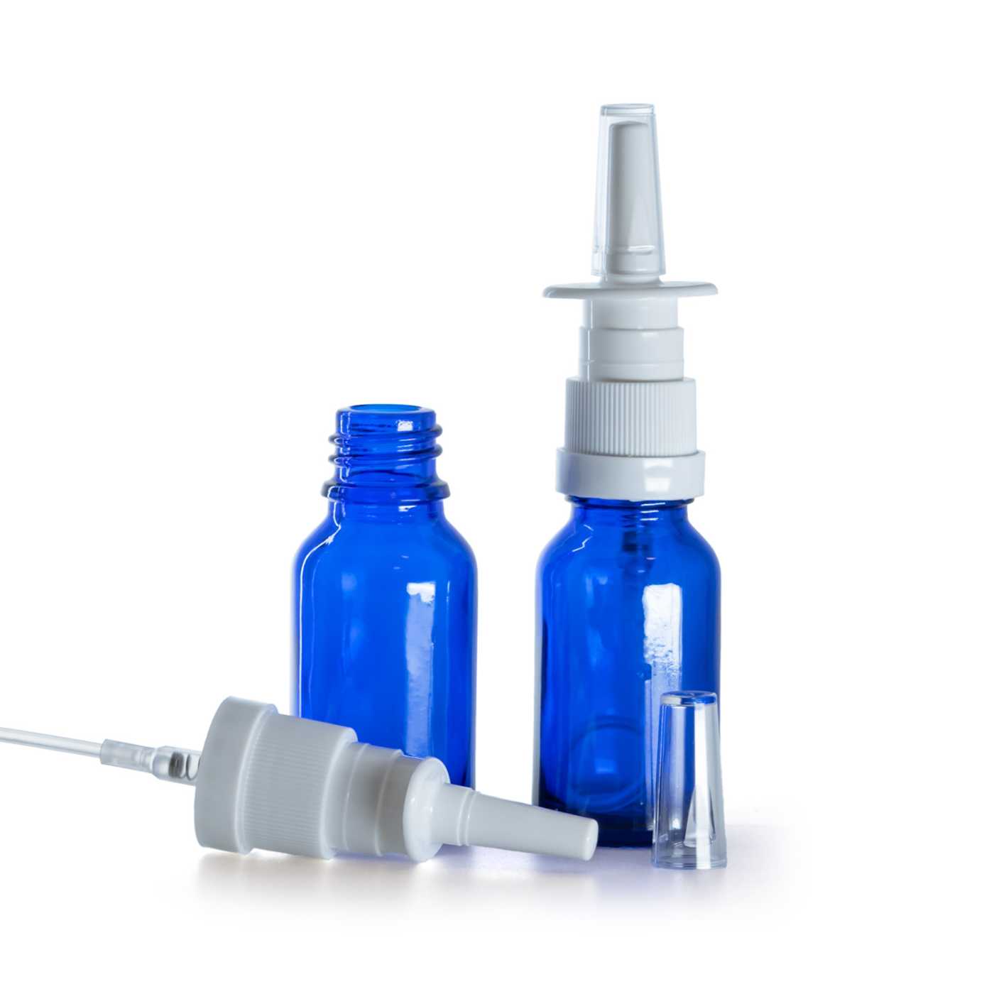 Flacon en verre bleu, pulvérisateur nasal, 15 ml