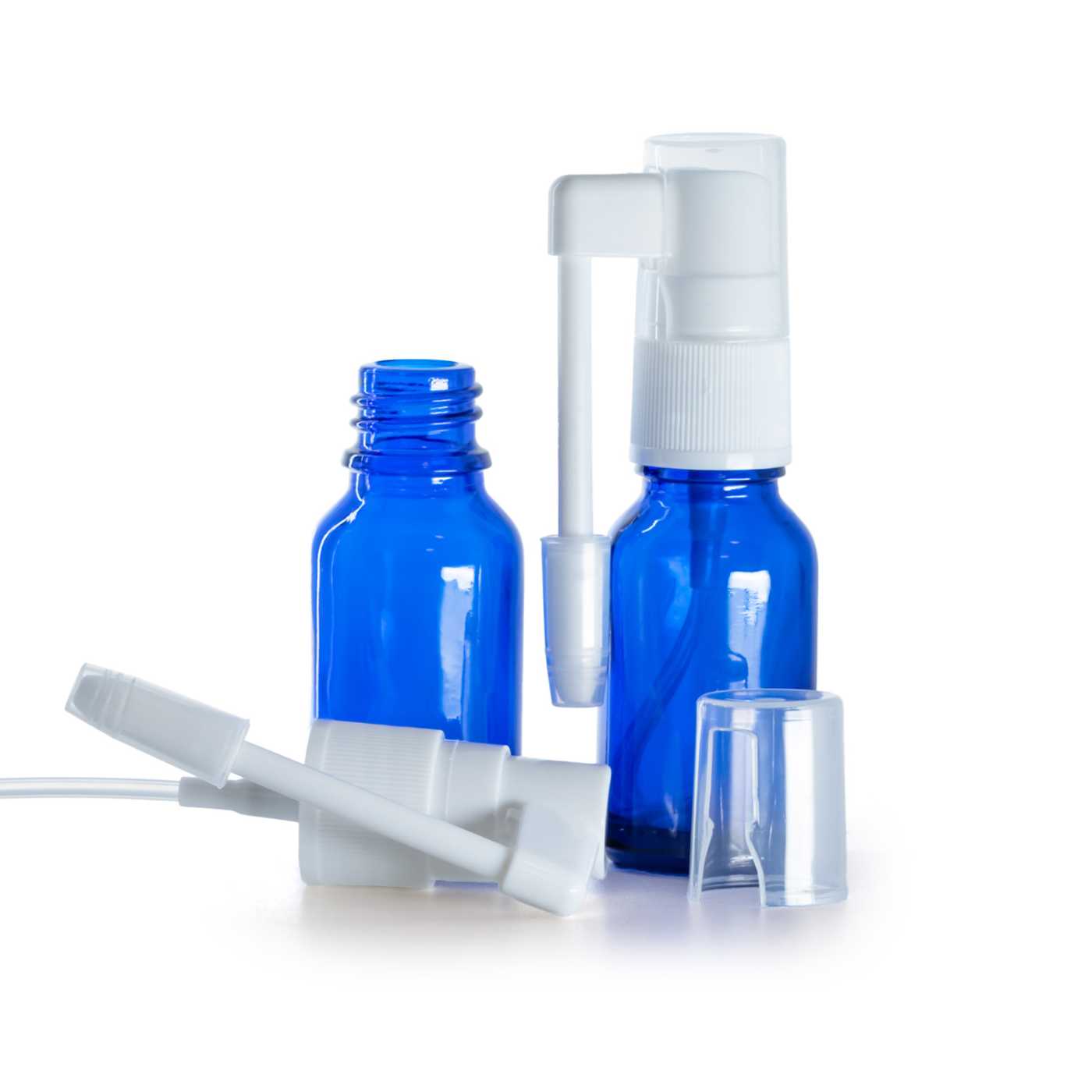 Flacon en verre bleu, spray buccal, 15 ml