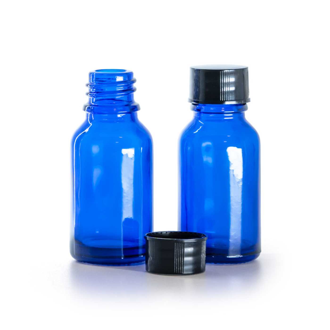 Butelka szklana, niebieska, czarna nakrętka, 15 ml