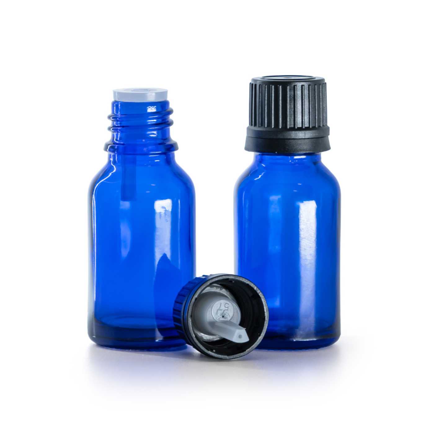 Flacon en verre bleu, bouchon noir avec compte-gouttes, 15 ml