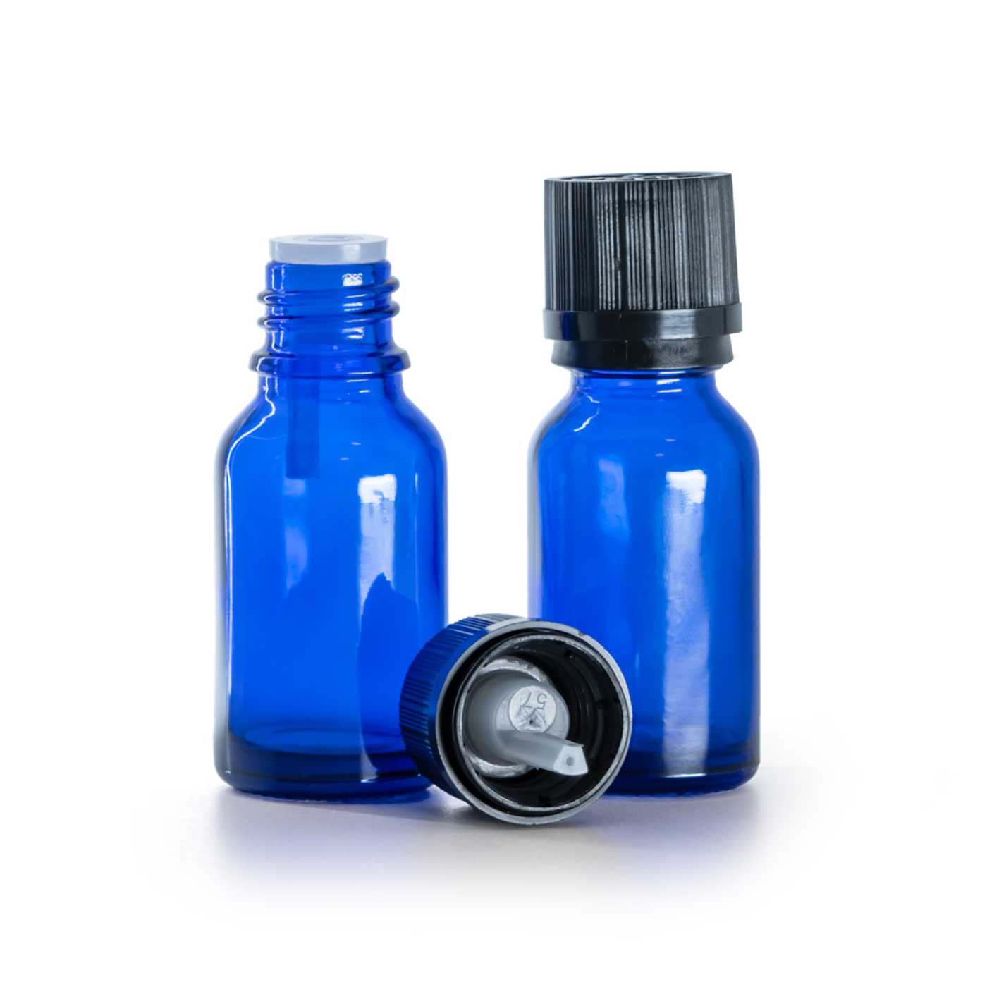 Flacon en verre bleu, bouchon de sécurité noir avec compte-gouttes, 15 ml