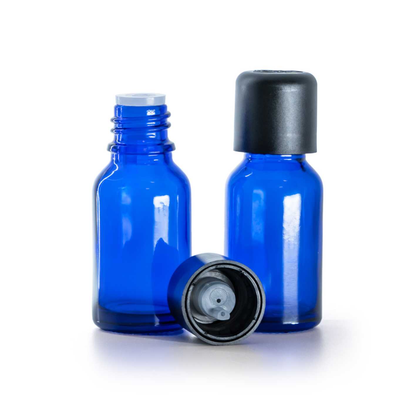 Flacon en verre bleu 15 ml avec bouchon inviolable noir