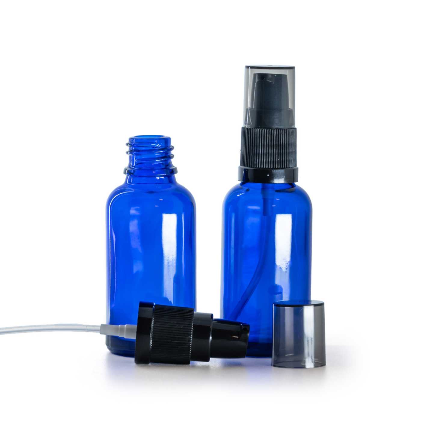 Blaues Glasfläschchen, Lotionpumpe mit rauchfarbener Überkappe, 30 ml