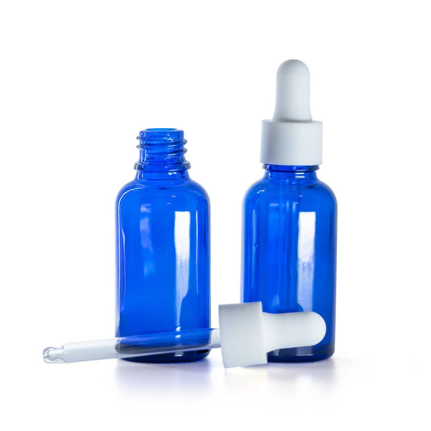 Blaue Glasflasche, weiße matte Pipette, 30 ml