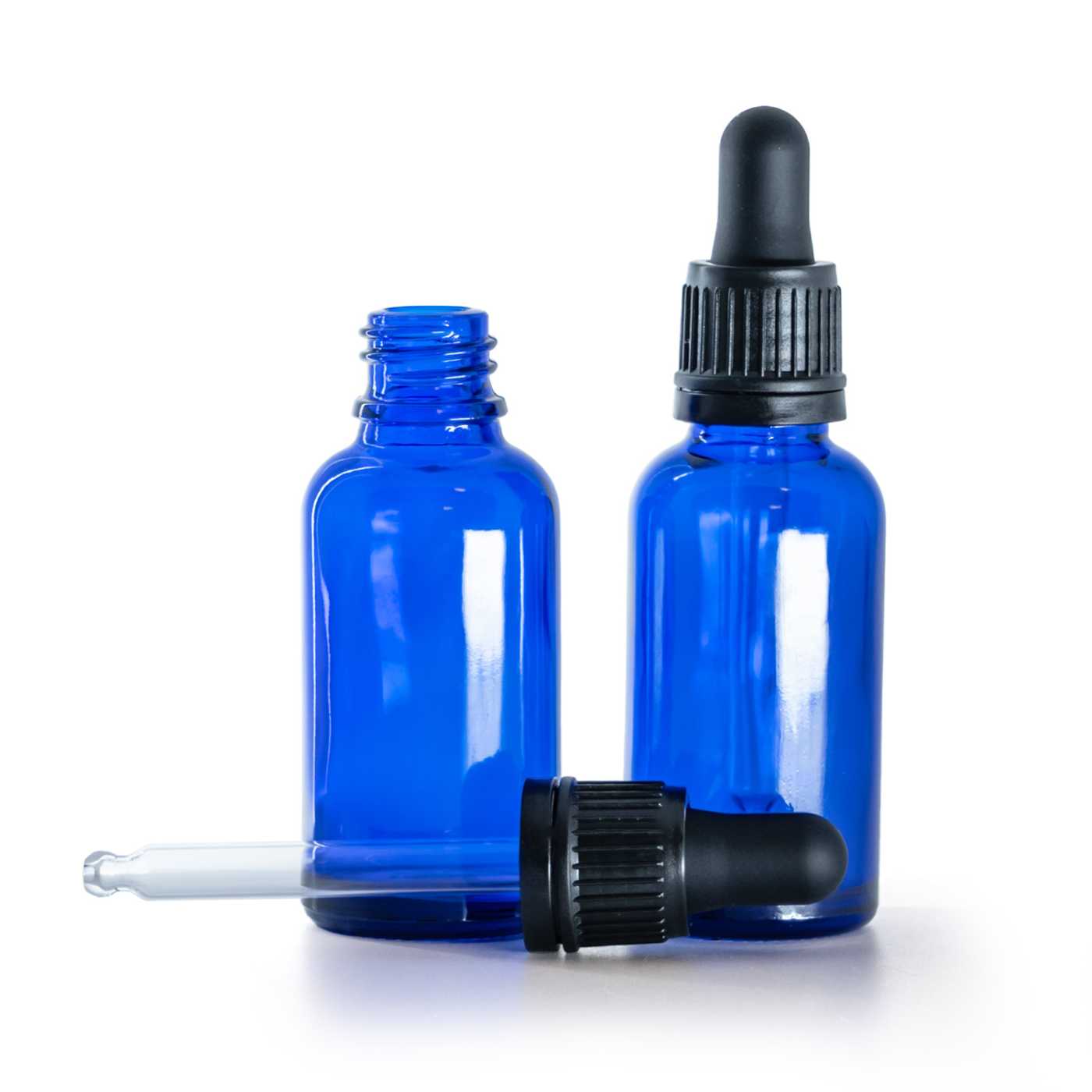 Blaue Glasflasche, schwarzer Originalitätsverschluss-Pipettenverschluss, 30 ml
