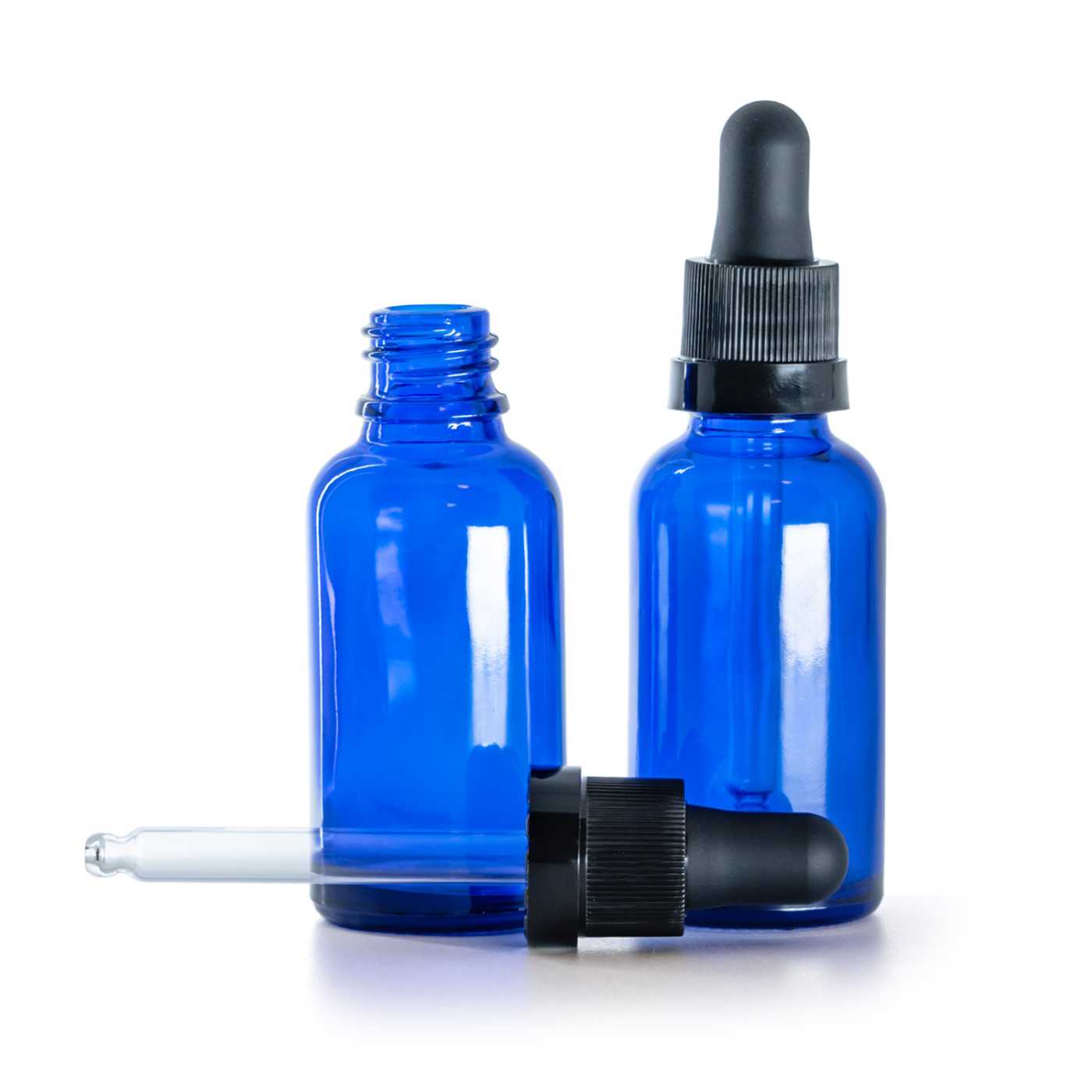 Blaue Glasflasche, schwarzer Pipettenverschluss mit glänzendem Ring, 30 ml