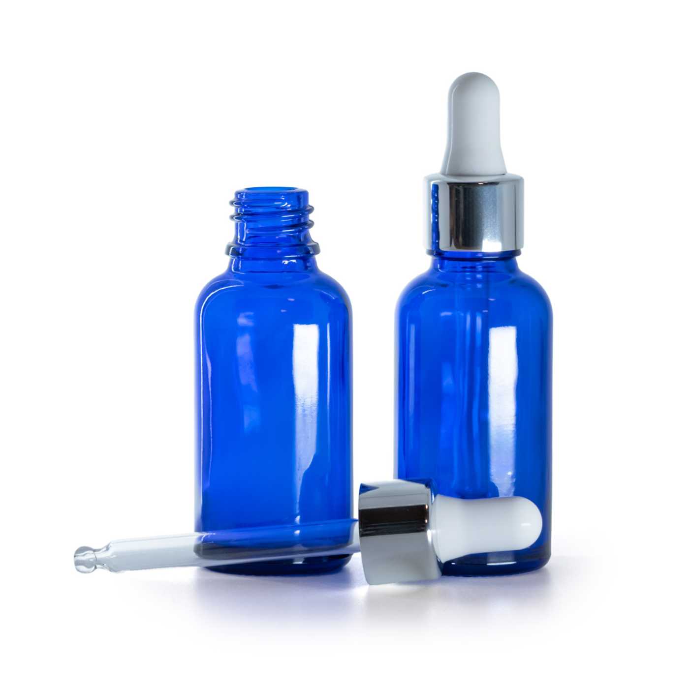 Blaue Glasflasche mit glänzender silberner Pipette 30 ml
