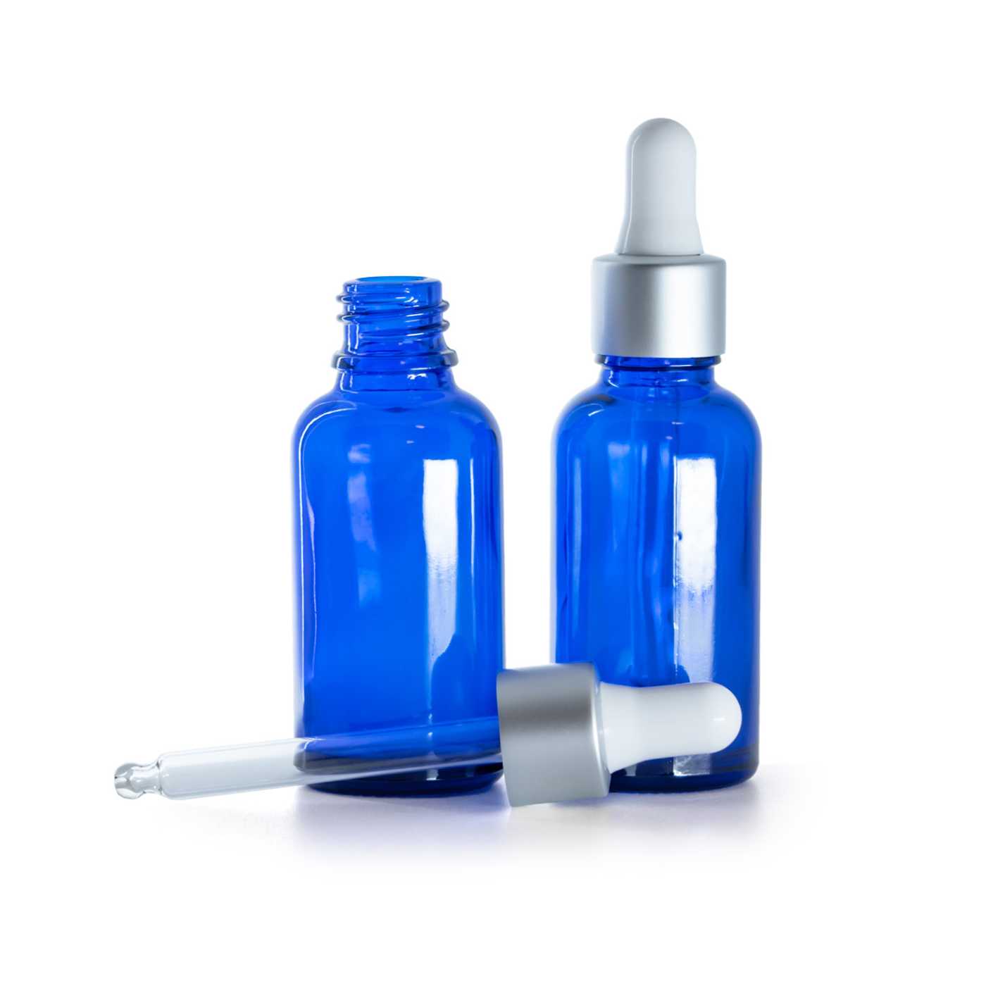 Blaue Glasflasche mit mattsilbernem Pipettenverschluss 30 ml