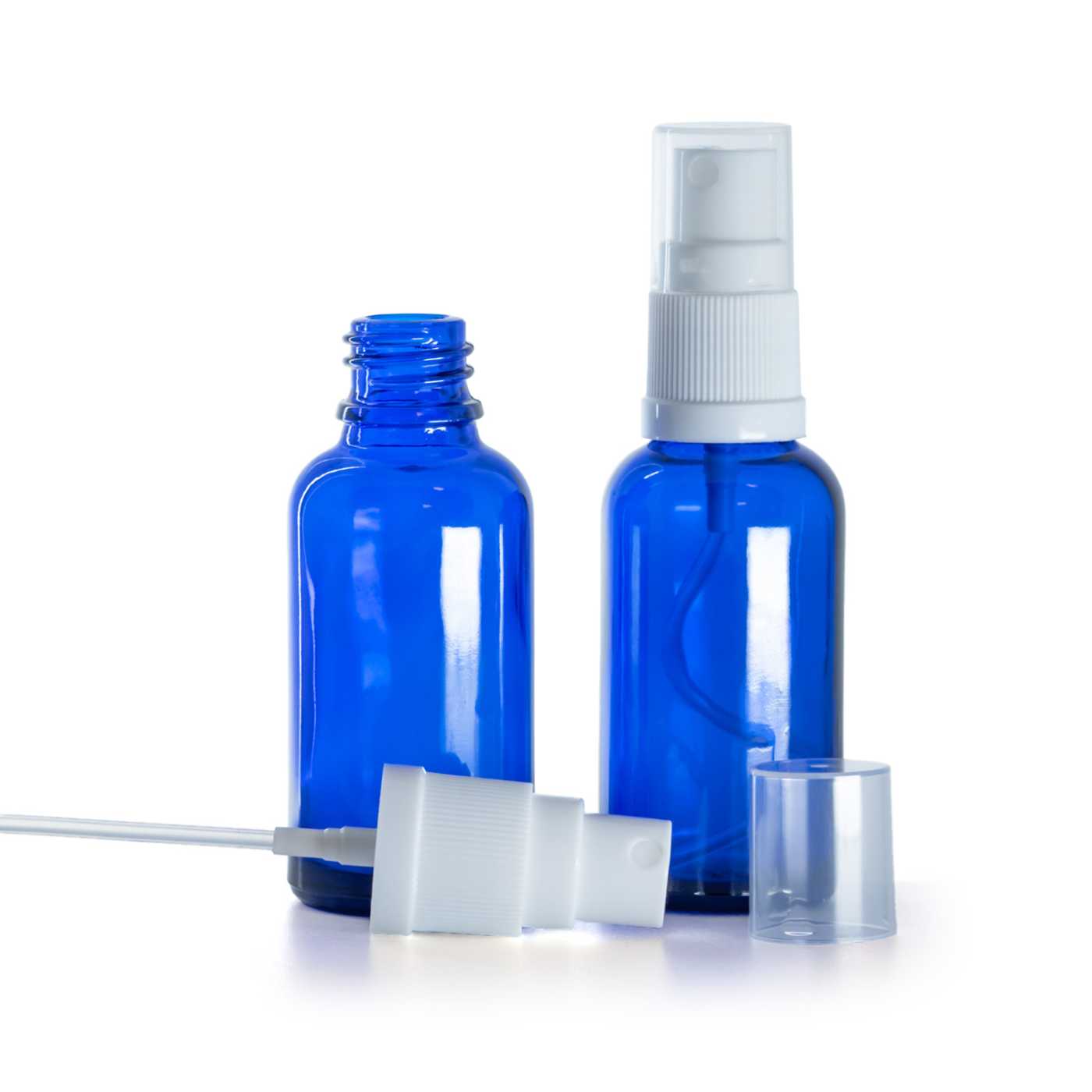 Flacon en verre bleu avec pompe spray blanche 30 ml