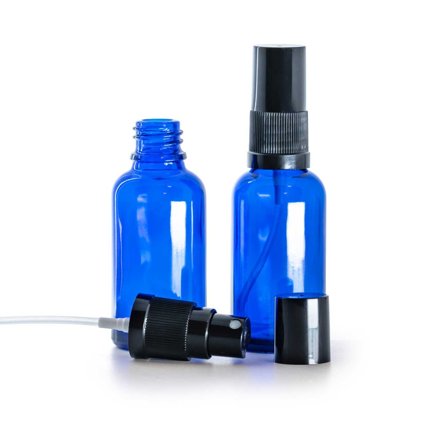 Butelka szklana, niebieska, czarny atomizer, czarna nakładka, 30 ml
