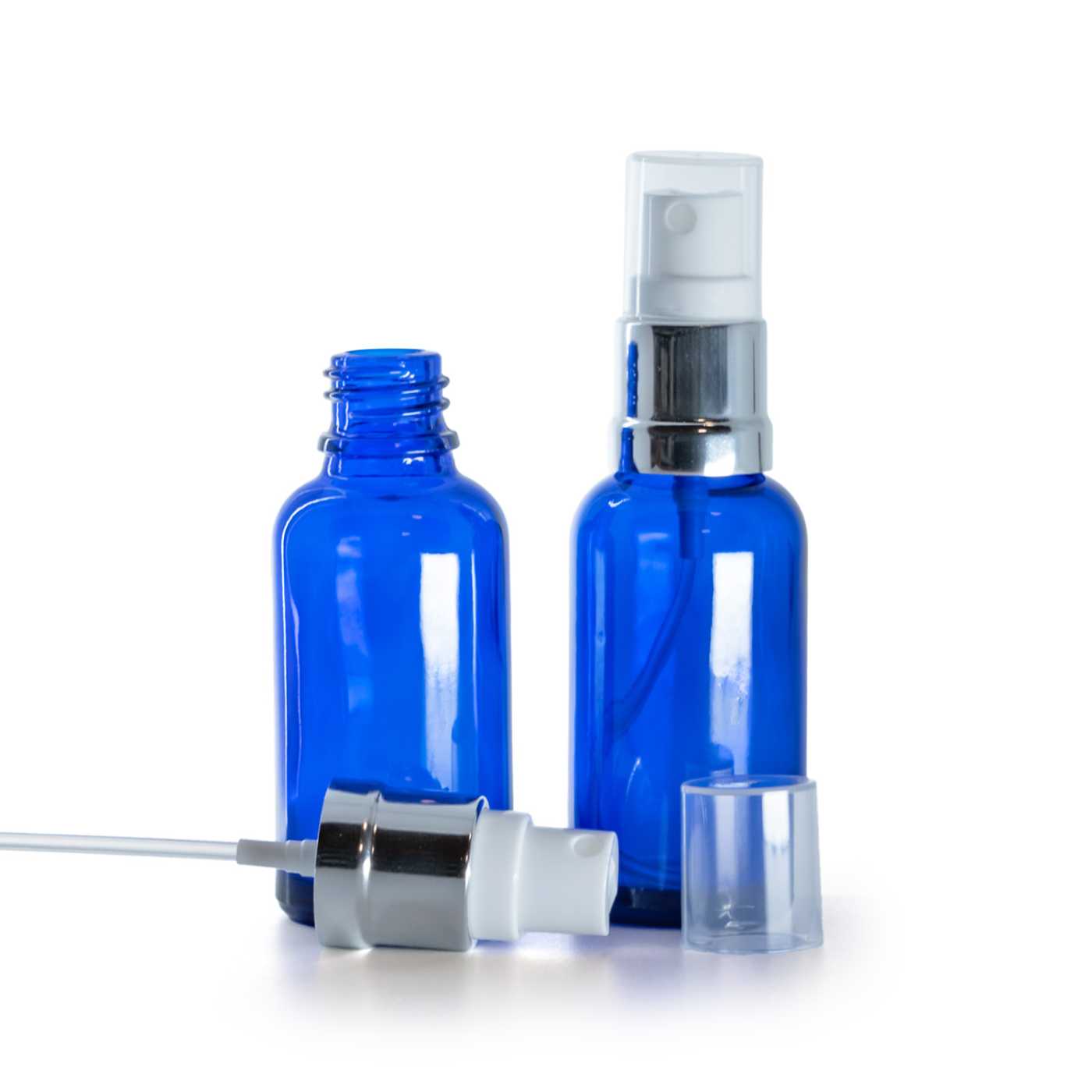 Butelka szklana, niebieska, biało-srebrny atomizer, 30 ml
