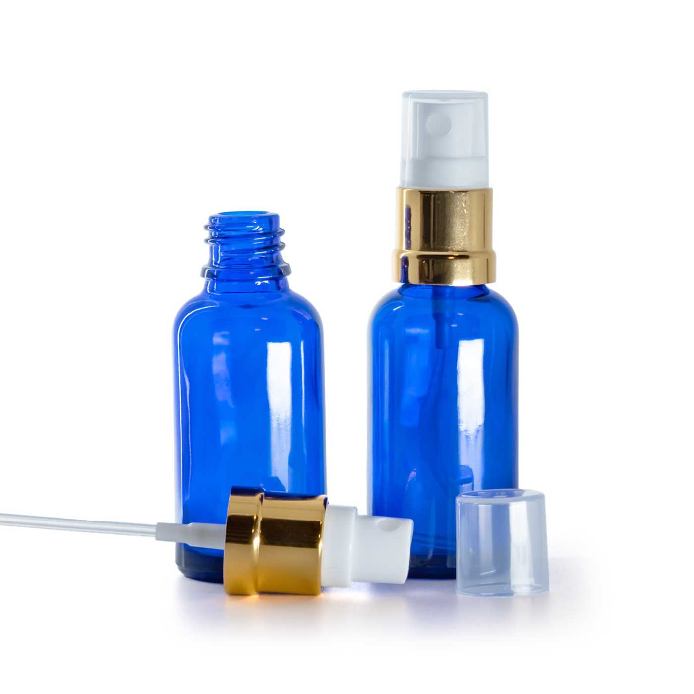 Blaue Glasflasche, Zerstäuber Weiß/Glanzgold, 30 ml
