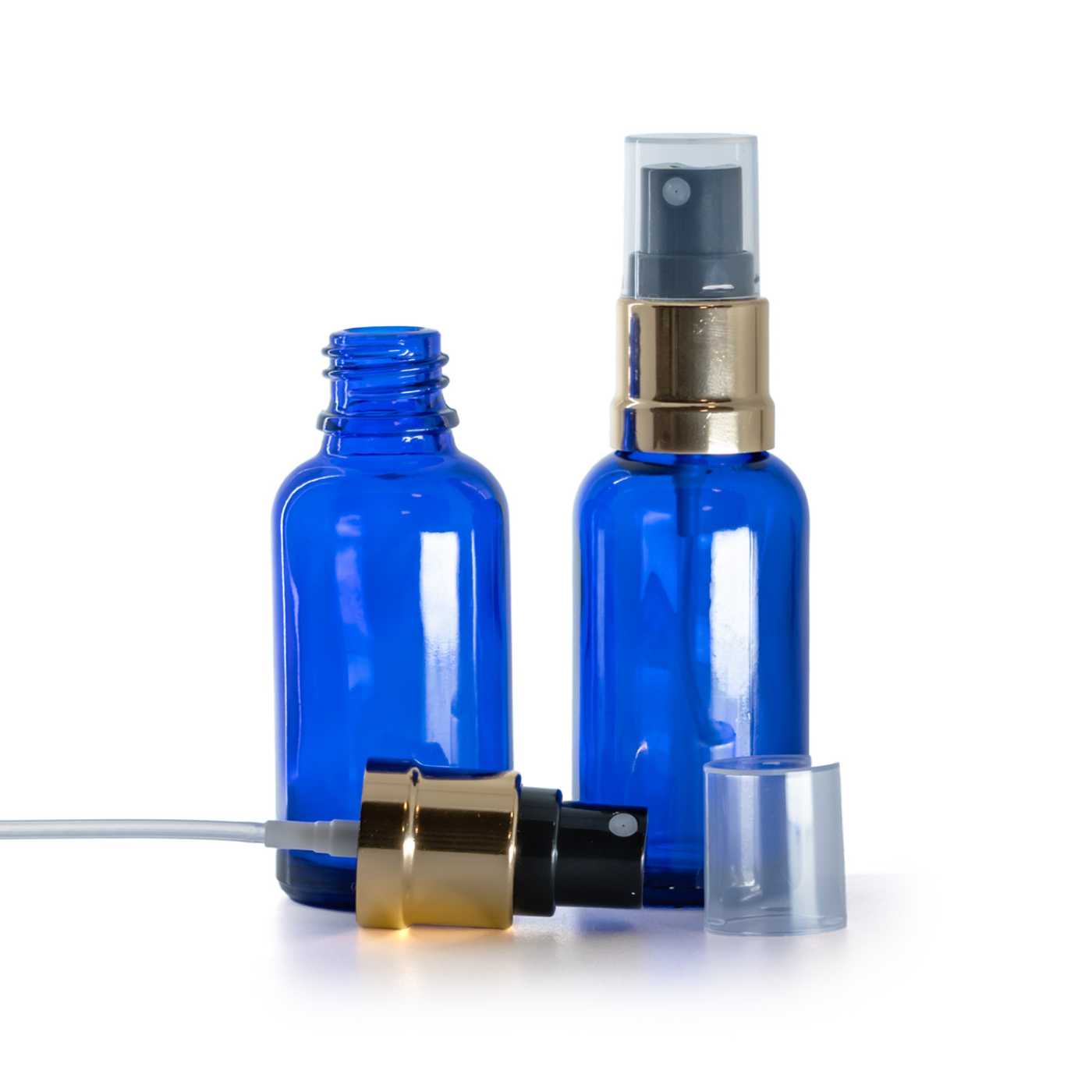 Flacon en verre bleu avec pompe spray noir et or 30 ml