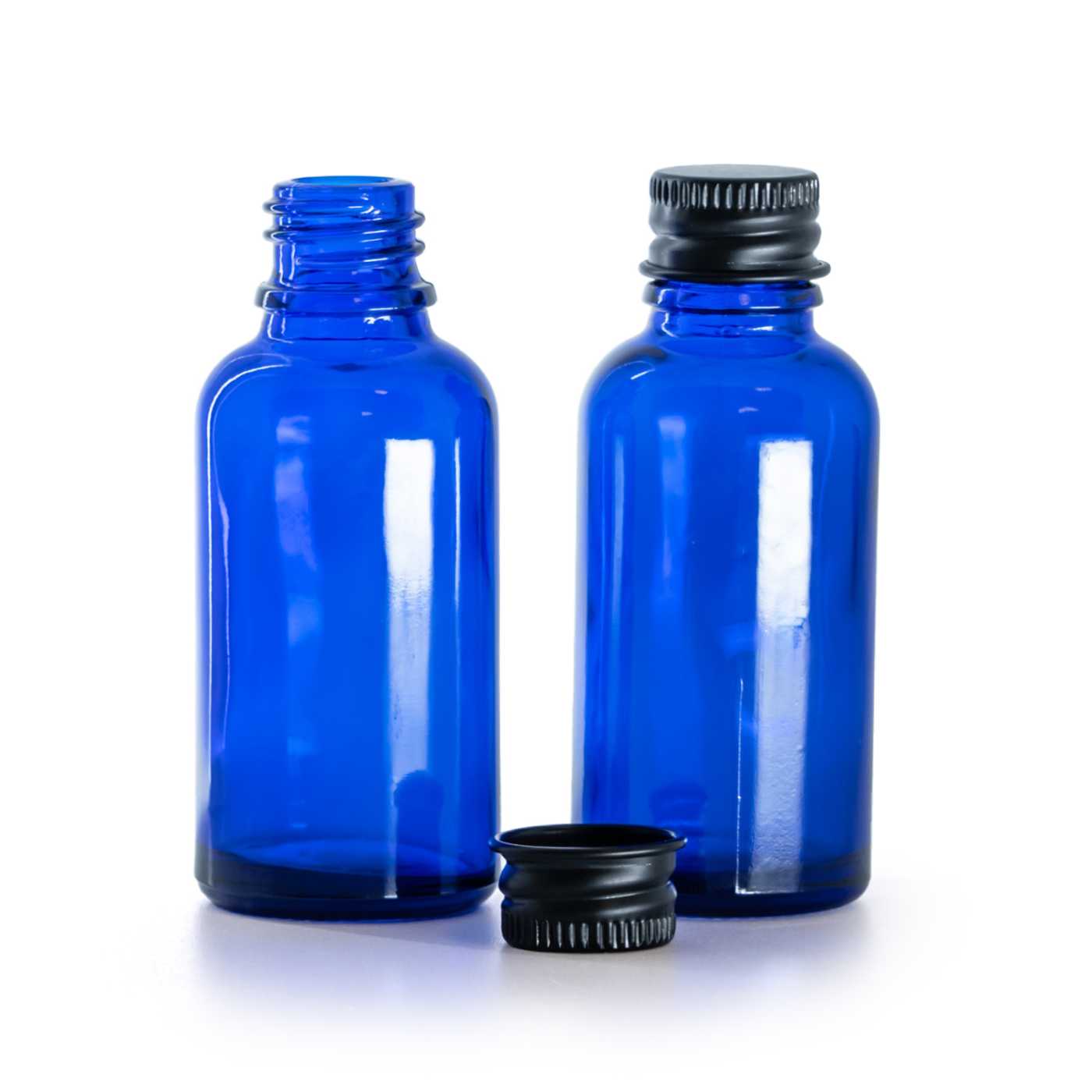 Blaue Glasflasche mit schwarzem Aluminiumverschluss 30 ml