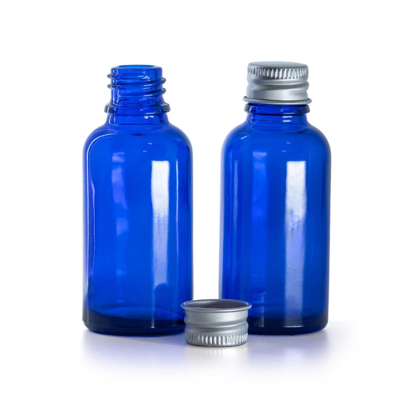Blaues Glasfläschchen, Aluminiumverschluss, 30 ml