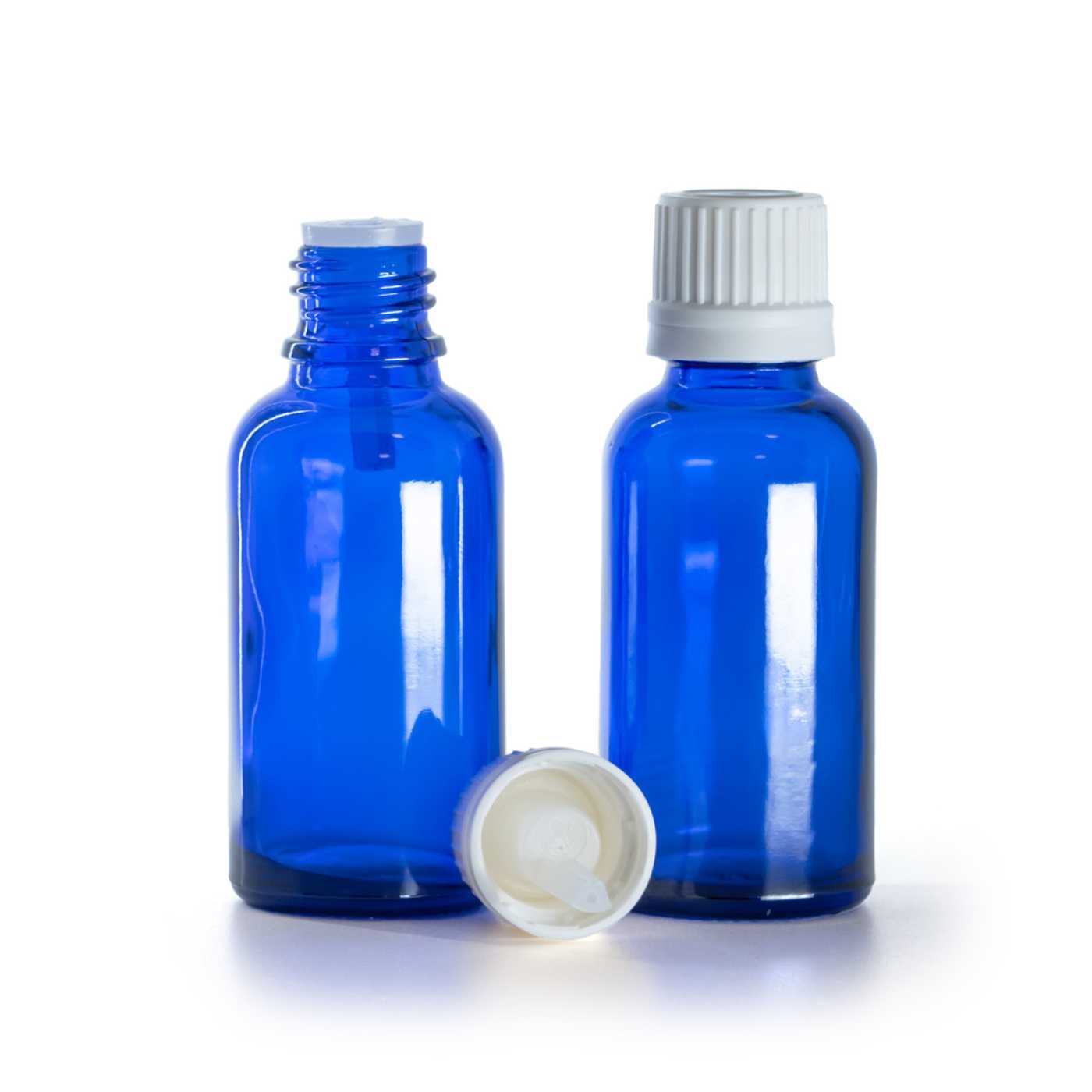 Blaues Glasfläschchen, weißer Verschluss mit Pipette, 30 ml