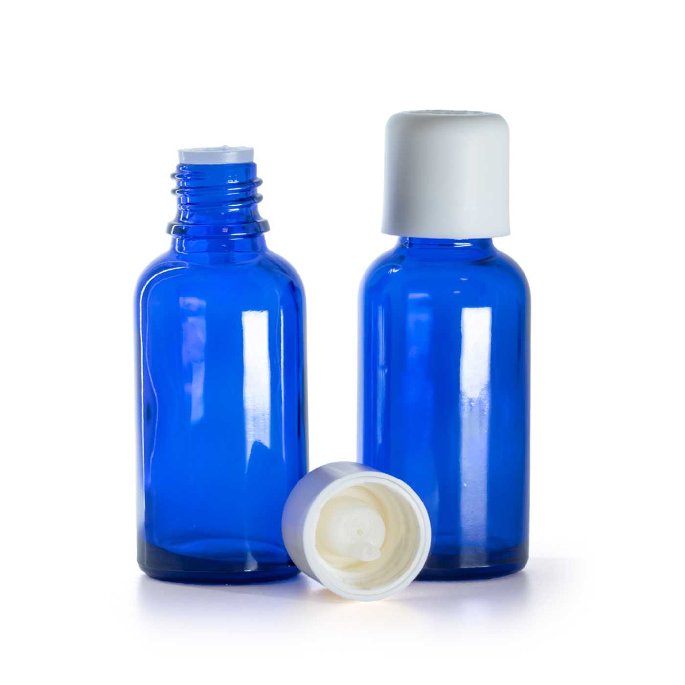 Blaue Glasflasche, weißer Sicherheitsverschluss mit Pipette, 30 ml