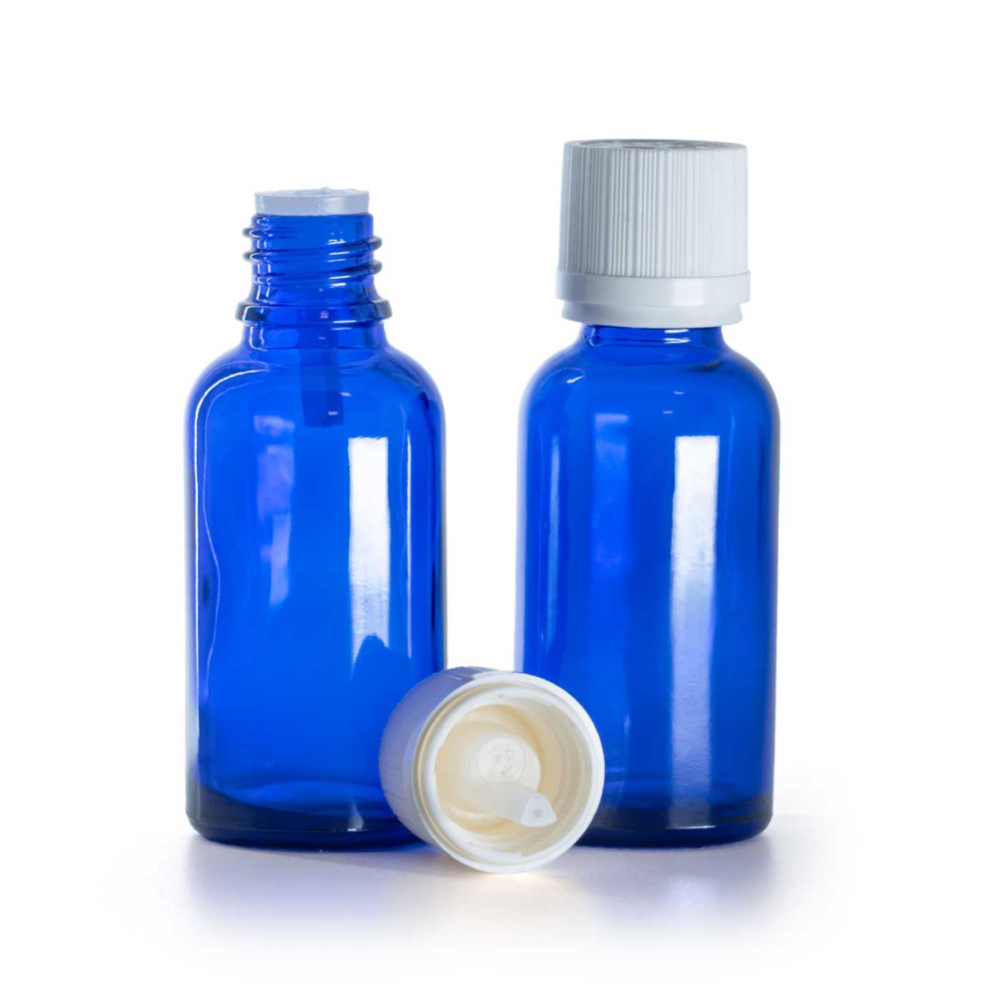 Blaue Glasflasche, weißer Originalitätsverschluss mit Tropfaufsatz, 30 ml