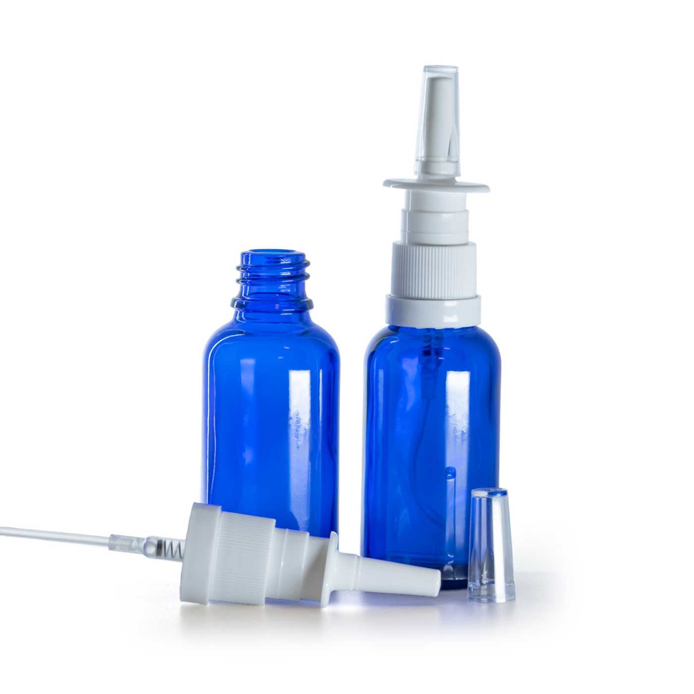 Blaue Glasflasche mit Nasensprühaufsatz, 30 ml